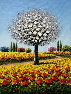 Mario Jung, "Whispers in the Wind", 16x12 Colorful Garden Tree Oil Painting