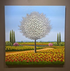 Mario Jung, "Whispers of Summer" 48x48 Colorful Textured Tree Landscape Painting