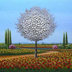 Mario Jung, "Whispers of Summer" 48x48 Colorful Textured Tree Landscape Painting