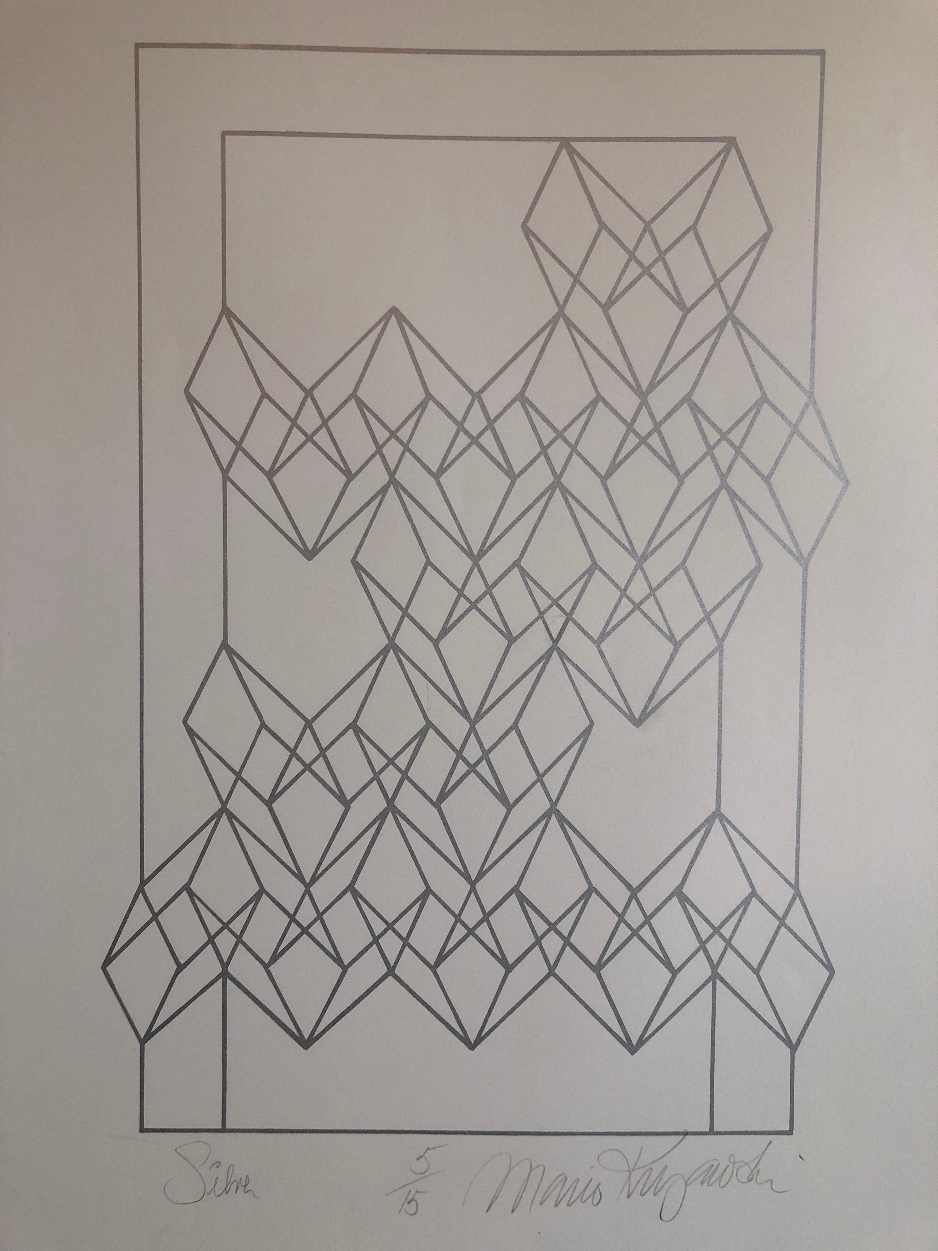 Mario Kujawski Abstract Print - Latin American "Silver" Abstract Geometric Metallic Silkscreen Screenprint