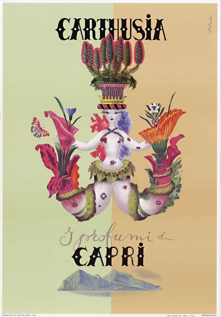 Figurative Print Mario Laboccetta - Affiche vintage originale du parfum Capri Carthusia
