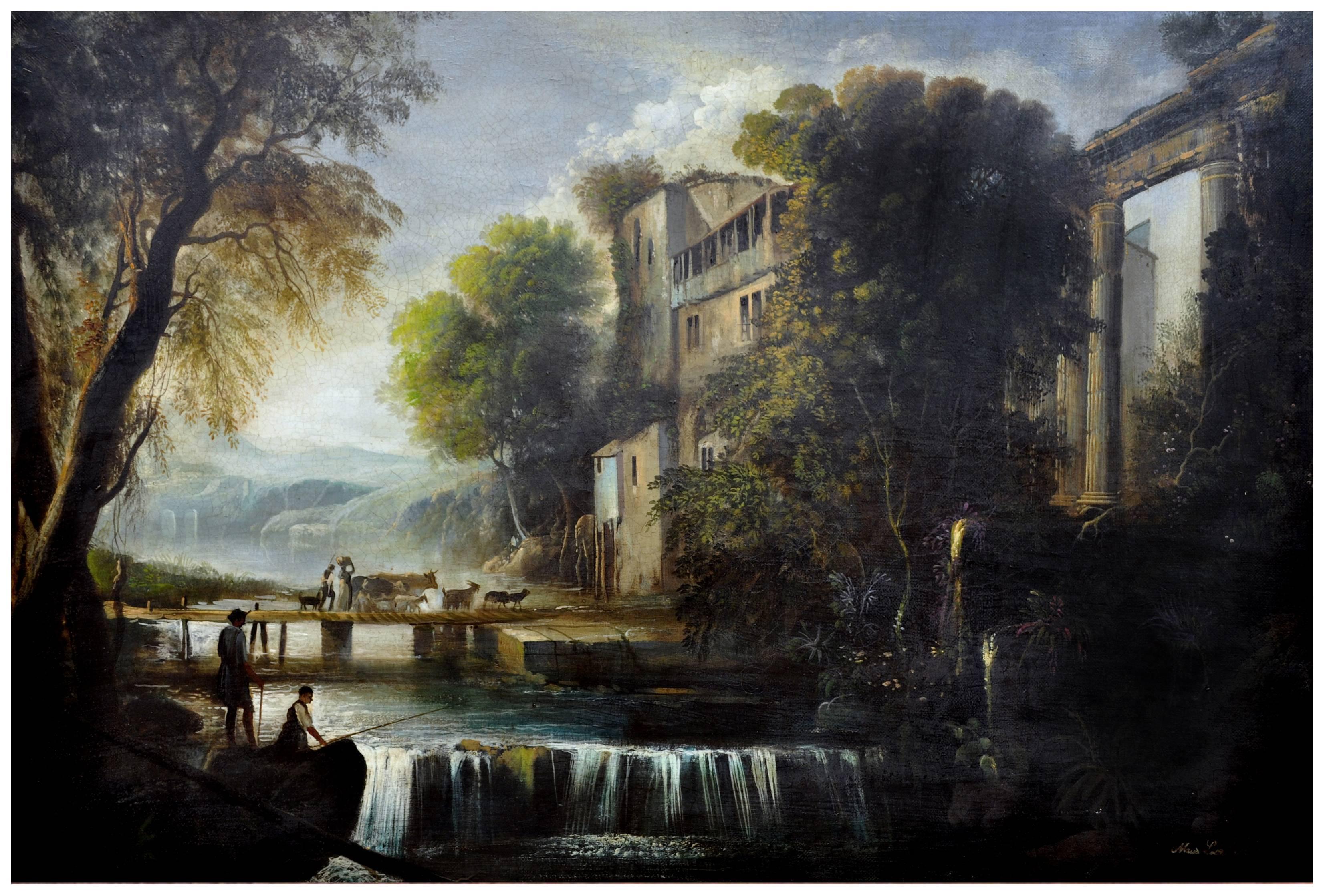 ITALIAN LANDSCAPE M.Locatelli -École italienne - Peinture à l'huile sur toile - Paysage - Painting de Mario Locatelli