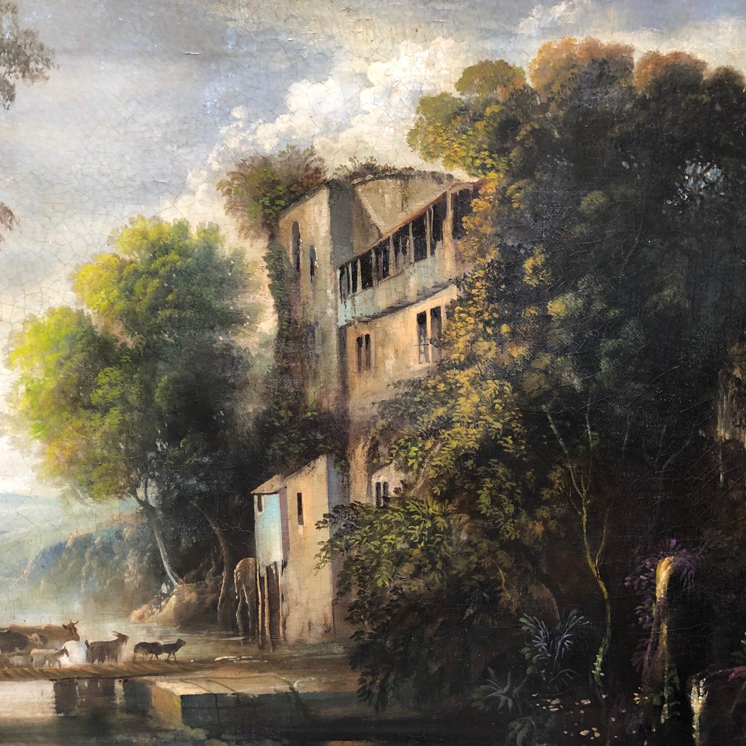 ITALIAN LANDSCAPE M.Locatelli -École italienne - Peinture à l'huile sur toile - Paysage - Noir Landscape Painting par Mario Locatelli