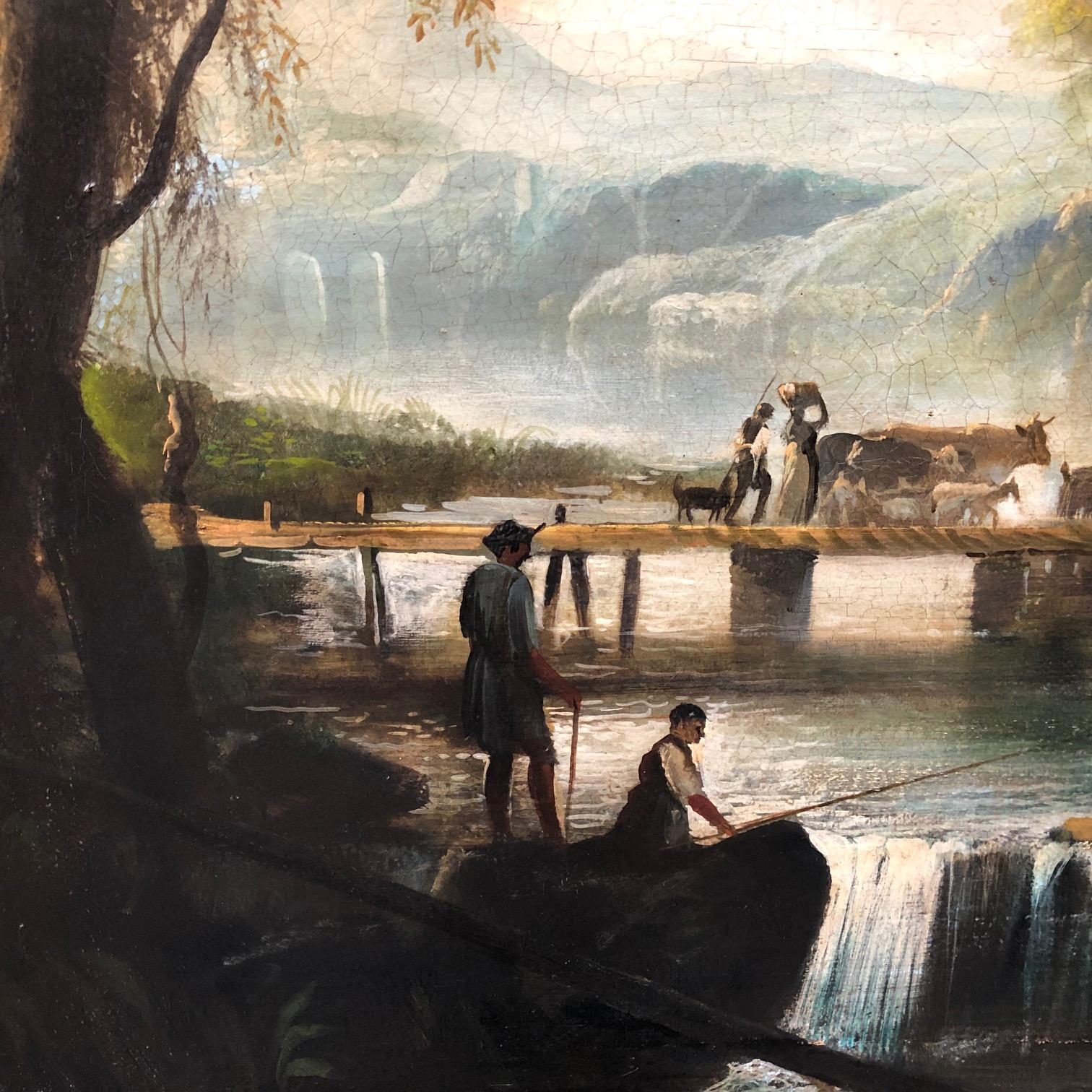ITALIAN LANDSCAPE M.Locatelli -École italienne - Peinture à l'huile sur toile - Paysage en vente 1