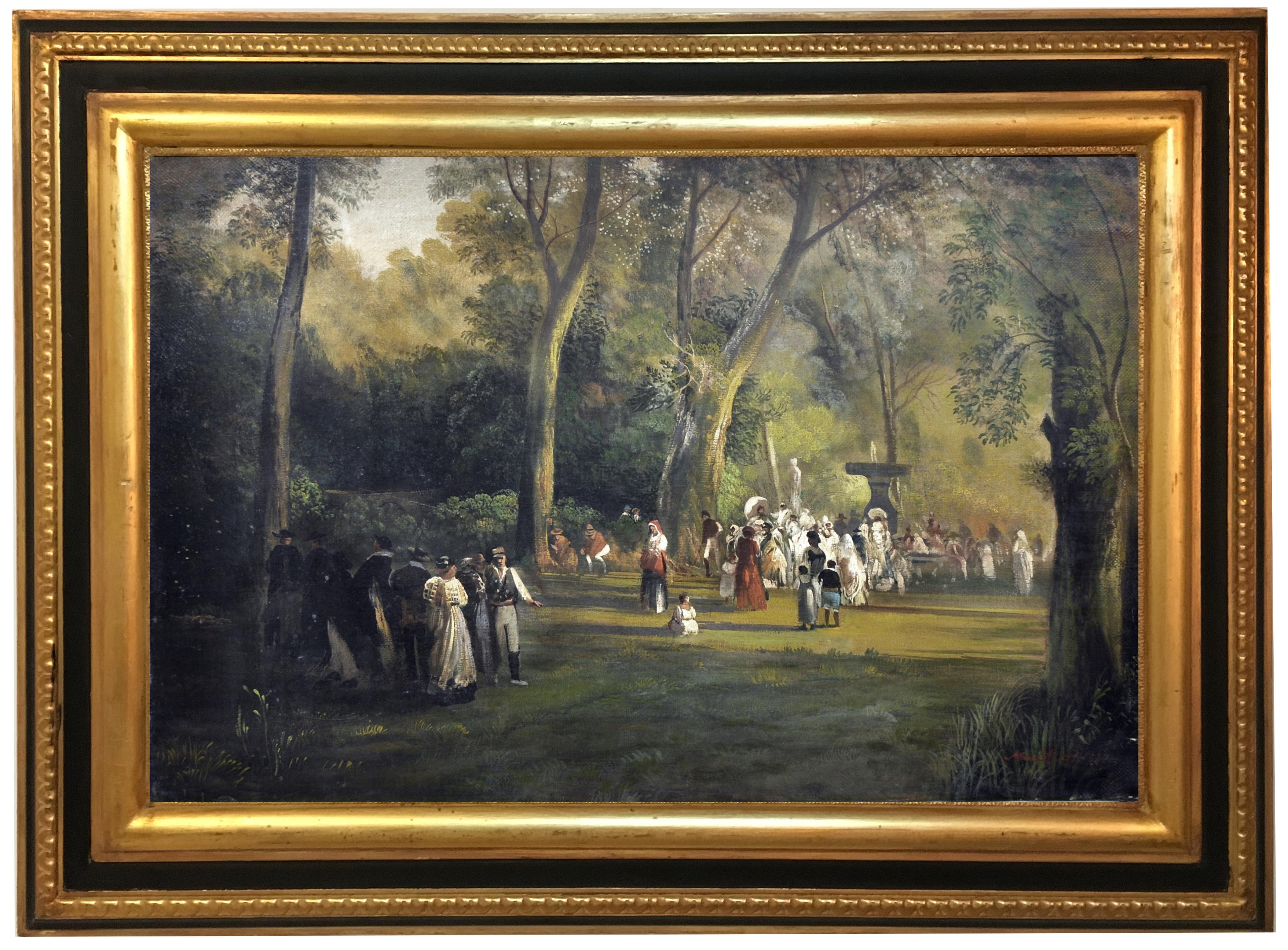 Landscape - Mario Locatelli Italia 2004 - Oil on canvas cm.60x90
Gold leaf gilded wooden frame available on request
Mario Locatelli’s painting depicts a rural scene, of an authentic social nature, a noisy and worldly party in the woods. Locatelli is