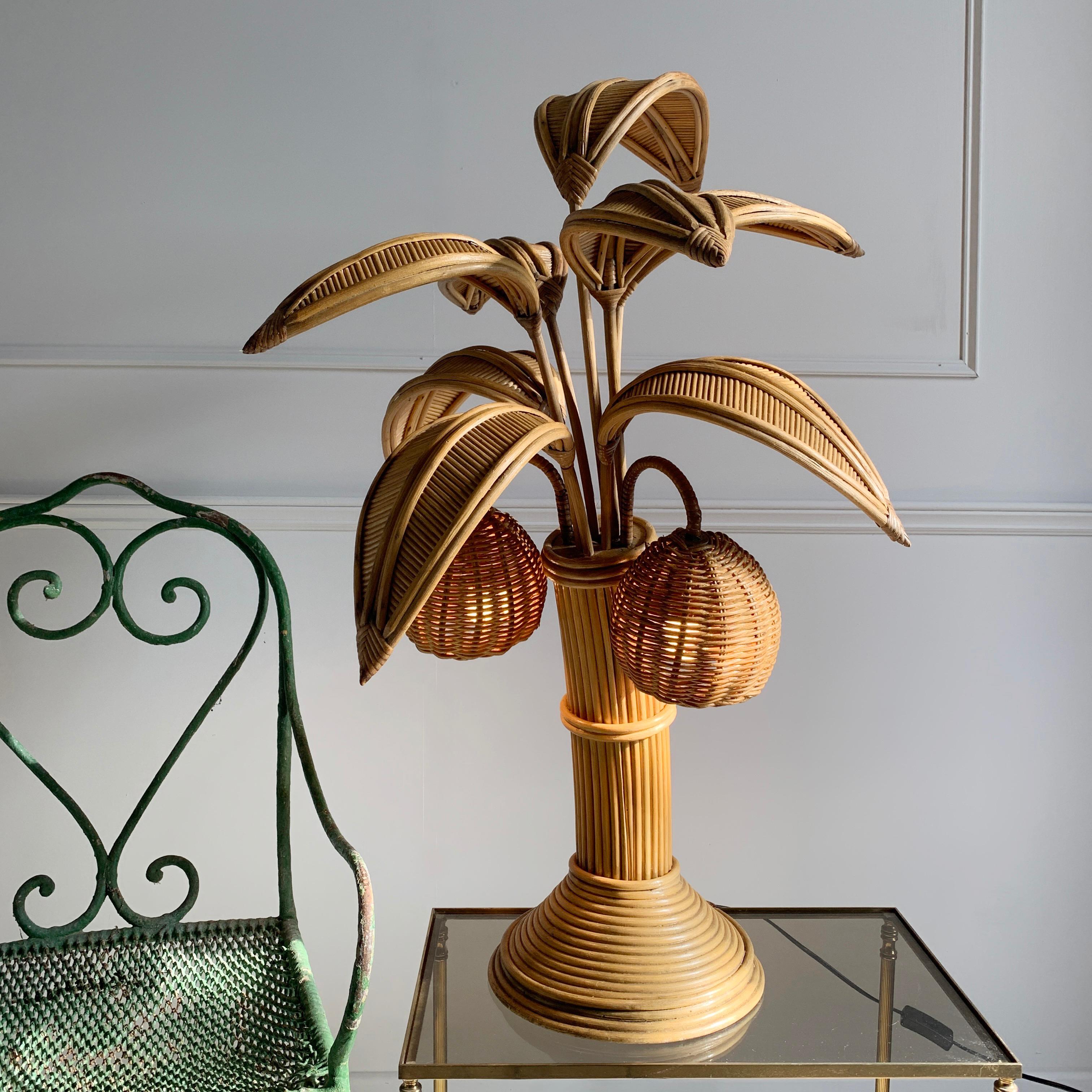 Mid-Century Modern Mario Lopez Torres Att Rattan Palm Tree Table Lamp