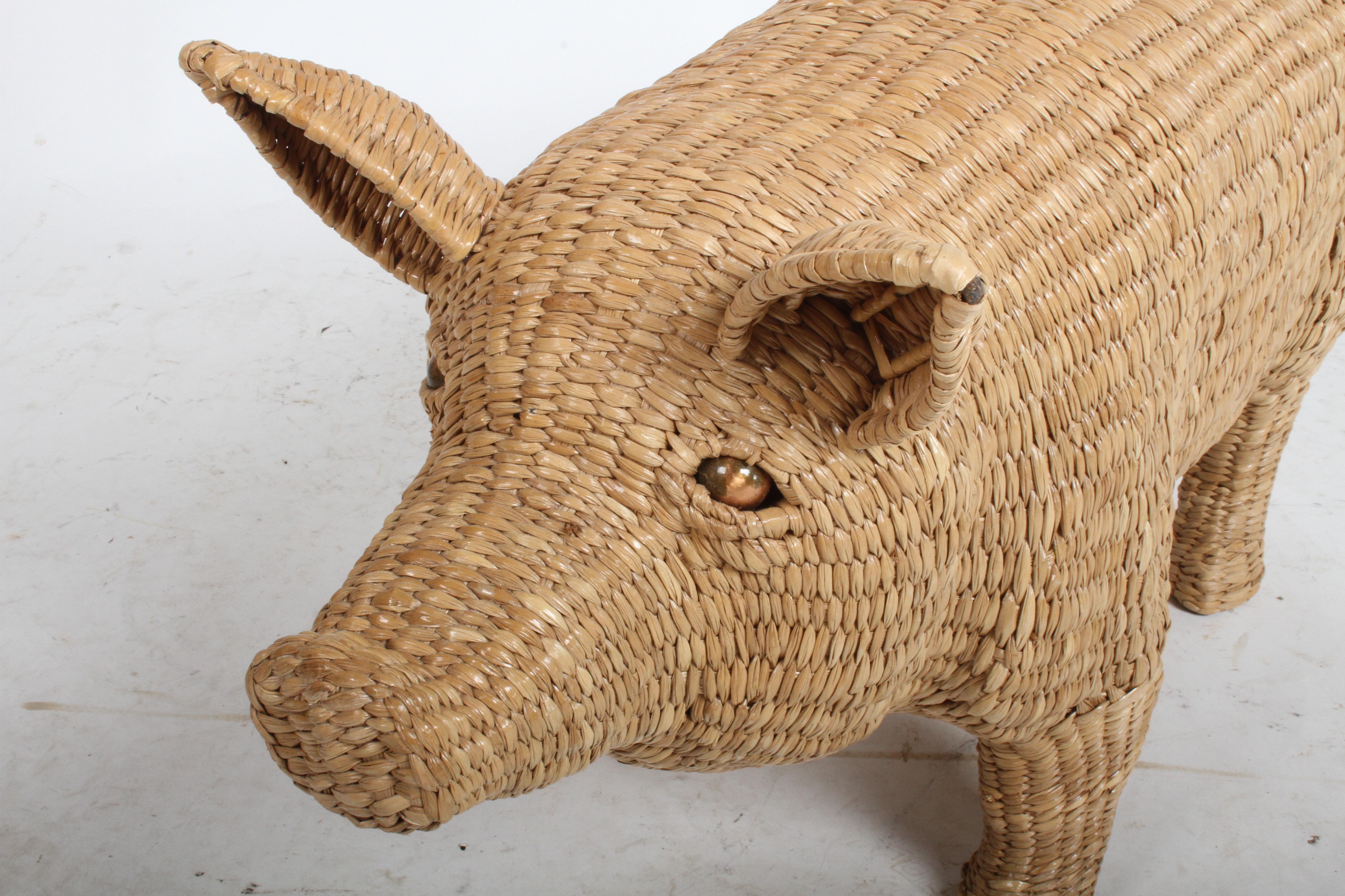 Mid-Century Modern Mario Lopez Torres Large Wicker Pig Sculpture Signed