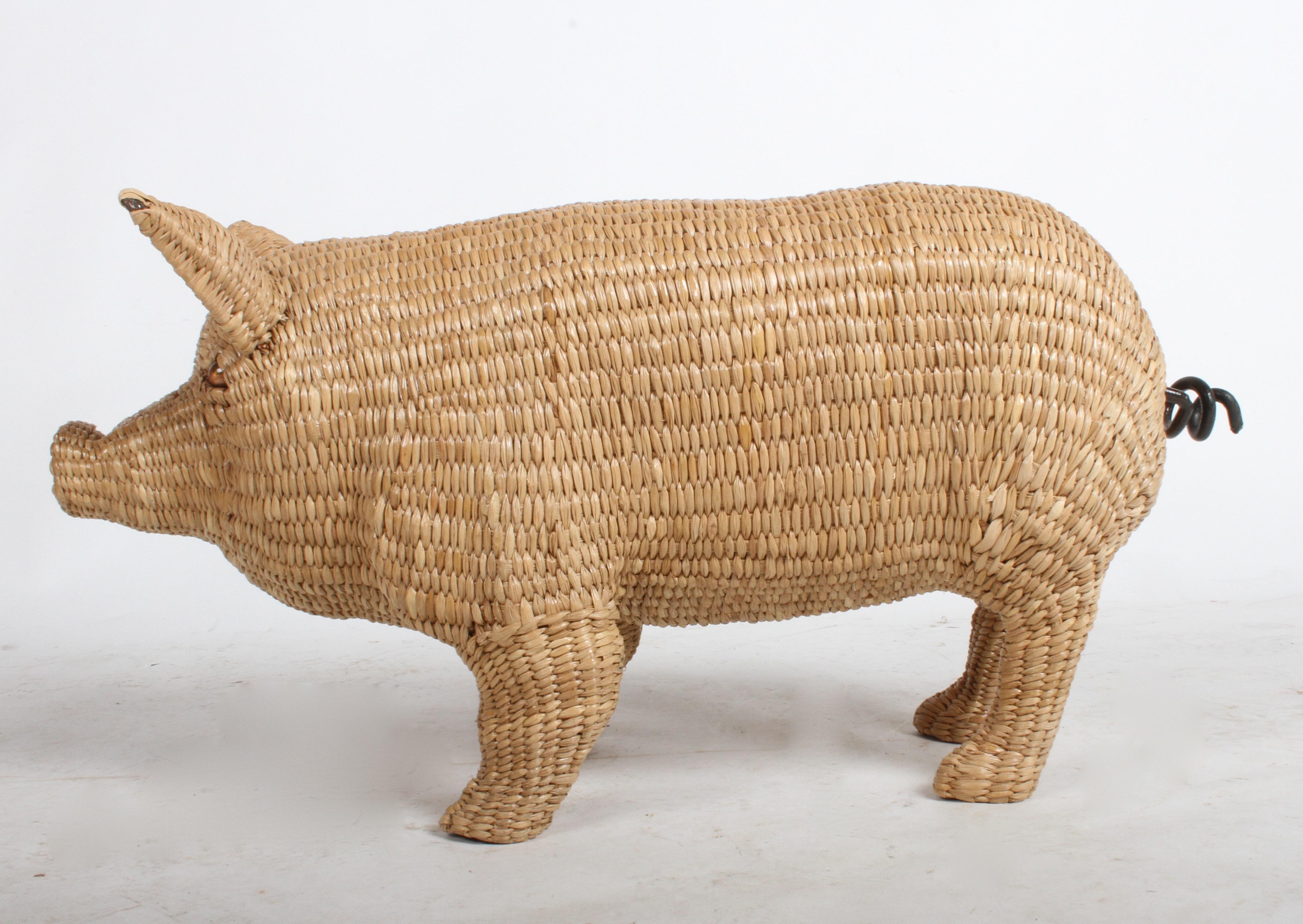 Mexican Mario Lopez Torres Large Wicker Pig Sculpture Signed