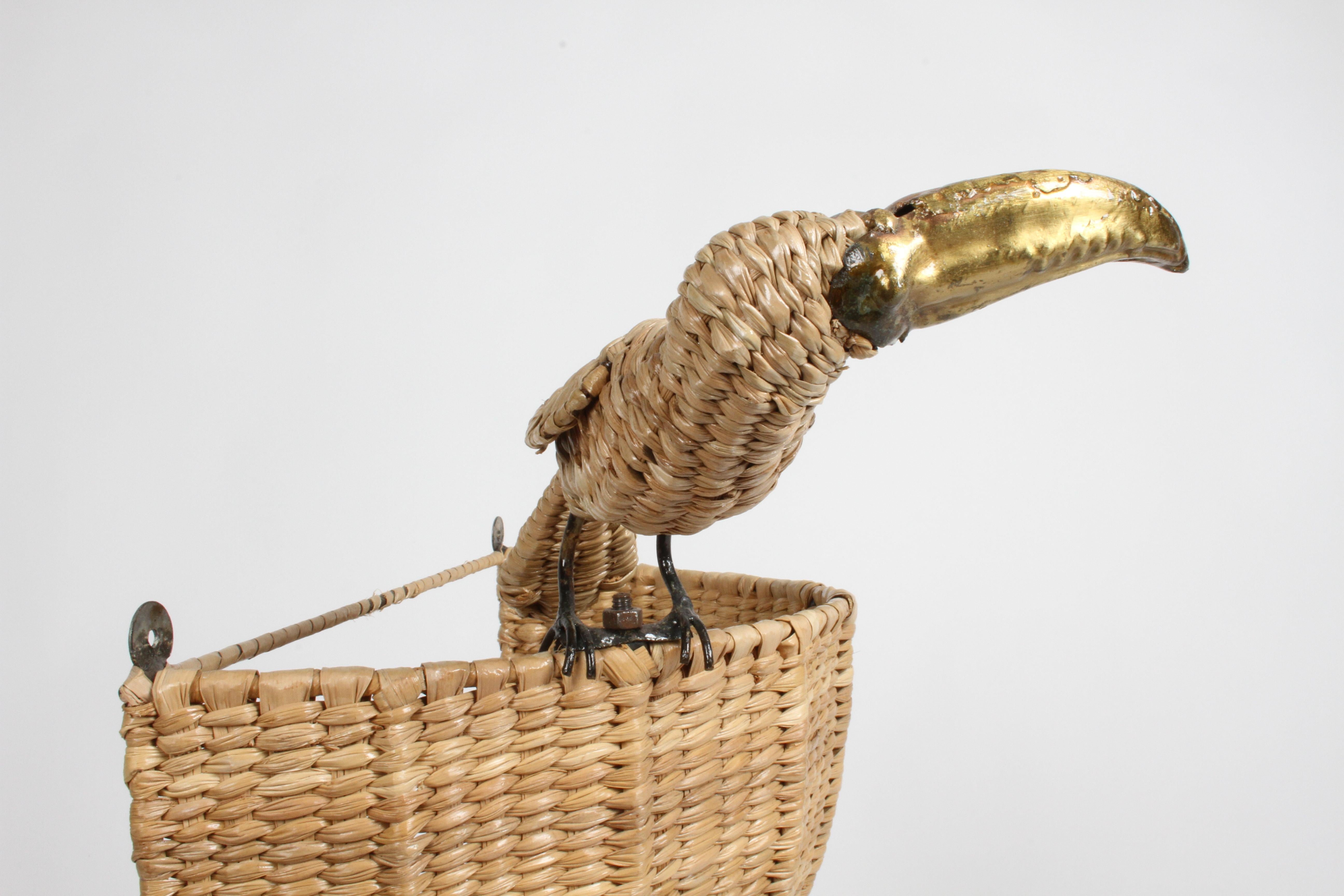 Late 20th Century Mario Lopez Torres Midcentury Wicker Toucan Wall Sconce Signed 1974 Mexico For Sale