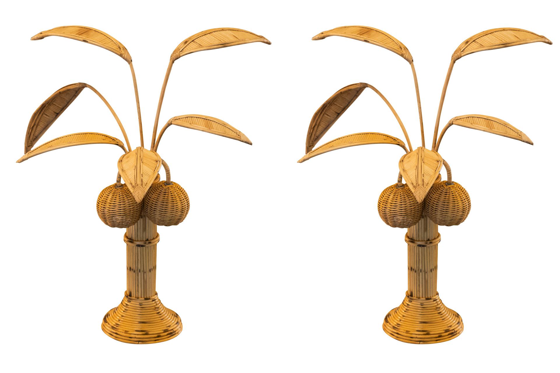 French Pair of Coconut Tree Lamps, Rattan, circa 1960, Mexico For Sale
