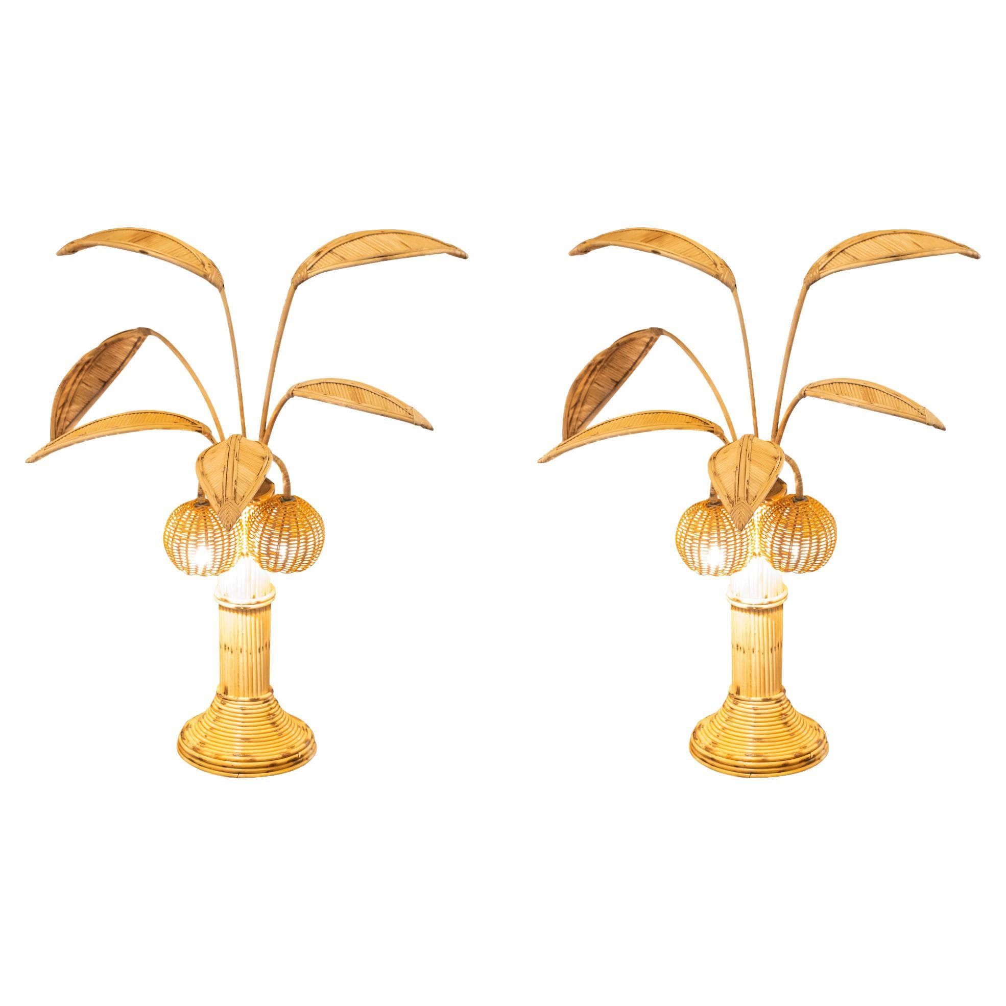 Pair of Coconut Tree Lamps, Rattan, circa 1960, Mexico