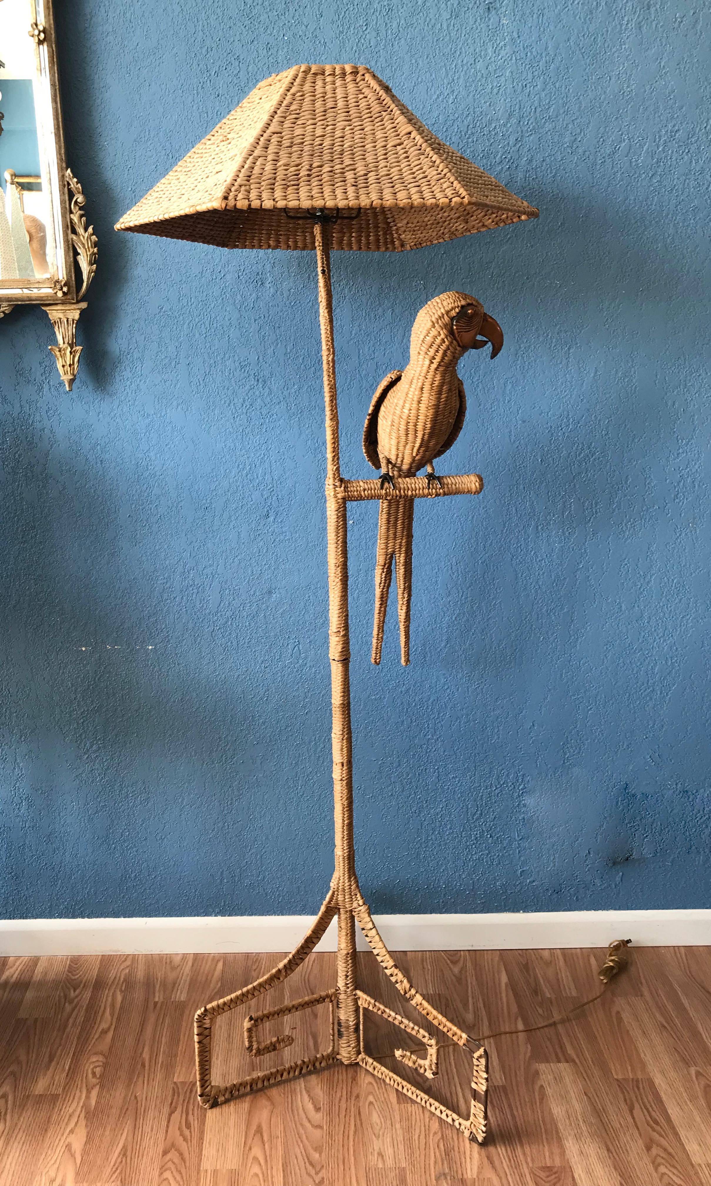 Mexican Mario Lopez Torres Parrot Motif Wicker Floor Lamp