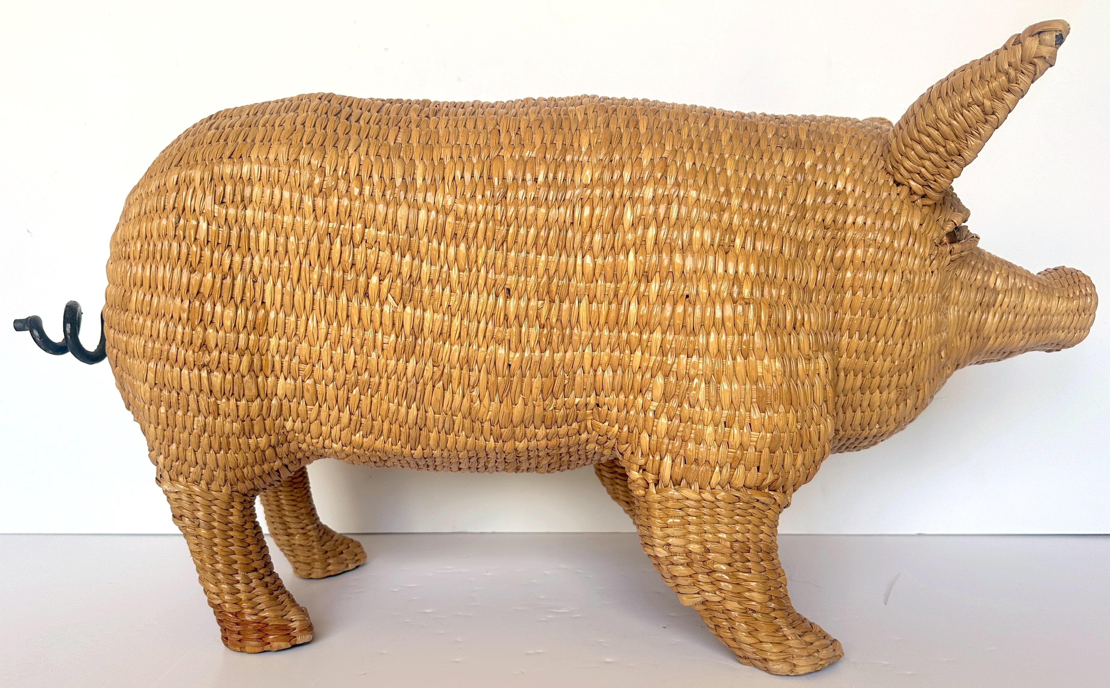 Mario Lopez Torres Pig Sculpture, Signed c. 1970s
A exquisite vintage Mario Lopez Torres Pig Sculpture, signed and dated circa 1970s, this captivating piece exudes charm and character. Crafted of woven wicker, this near-life-size pig sculpture
