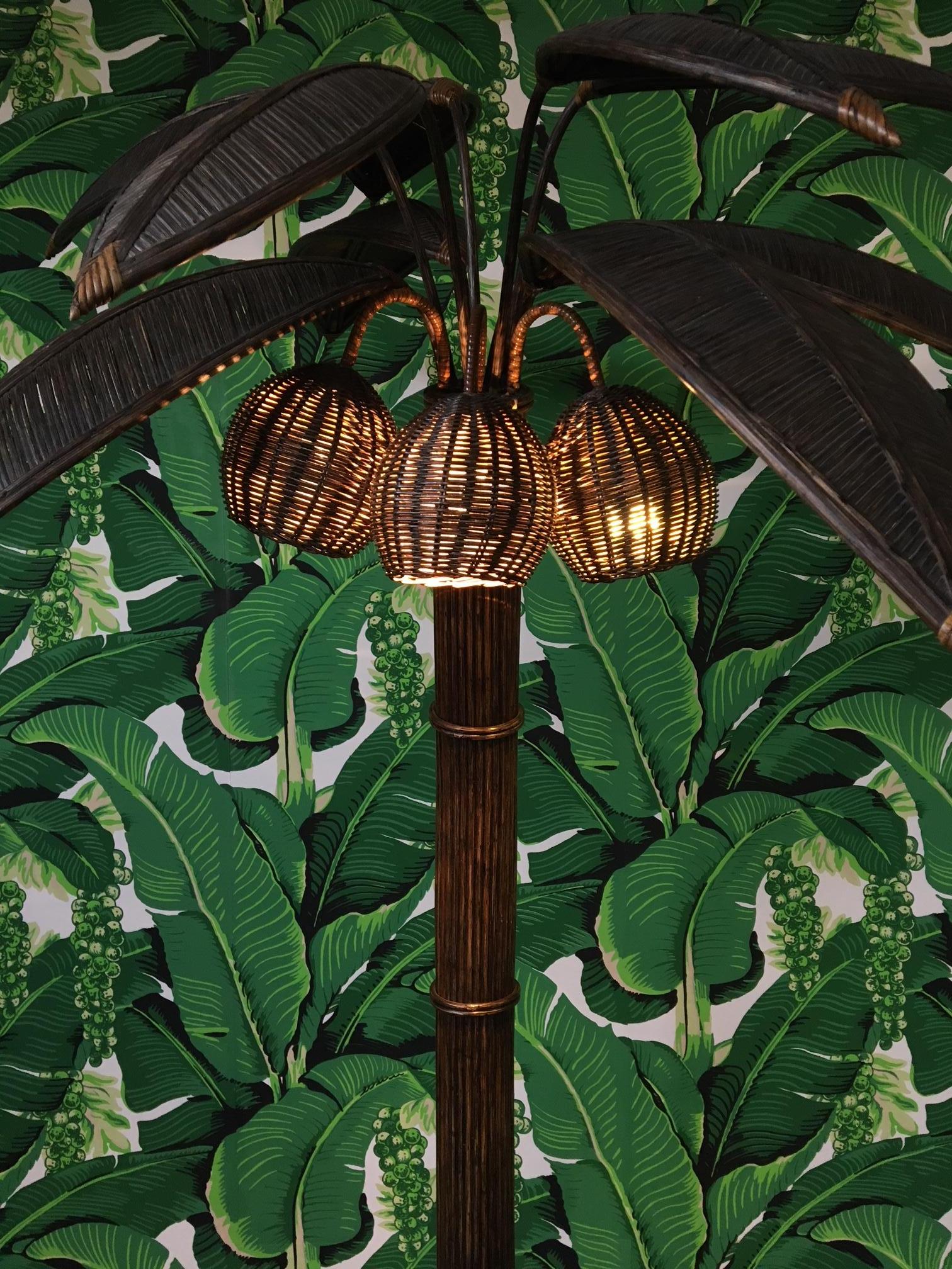 Hollywood Regency Mario Lopez Torres Style Rattan Palm Tree Floor Lamp