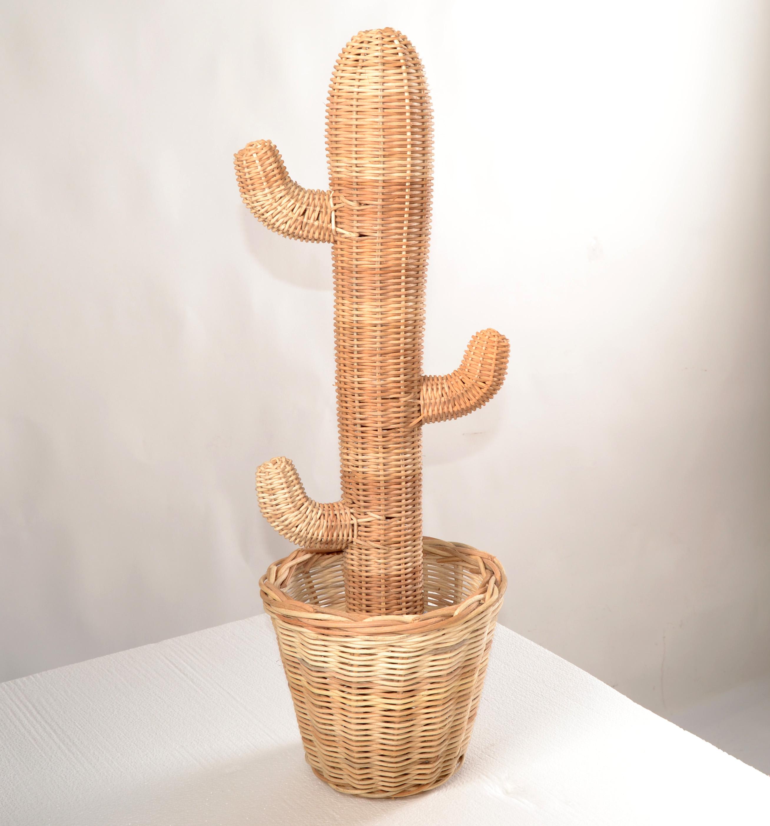 Mario Lopez Torres Style Hand-Woven Rattan Cactus Pot Sculpture 1970 Bohemian  For Sale 7