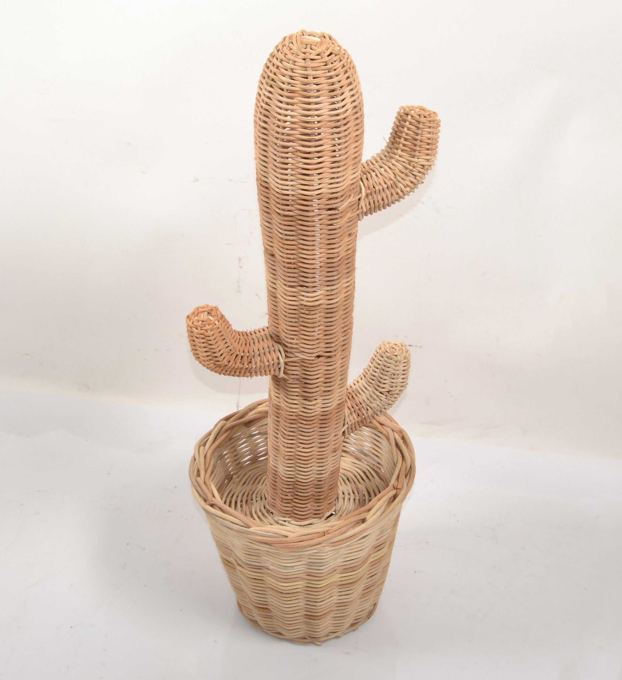 American Mario Lopez Torres Style Hand-Woven Rattan Cactus Pot Sculpture 1970 Bohemian  For Sale