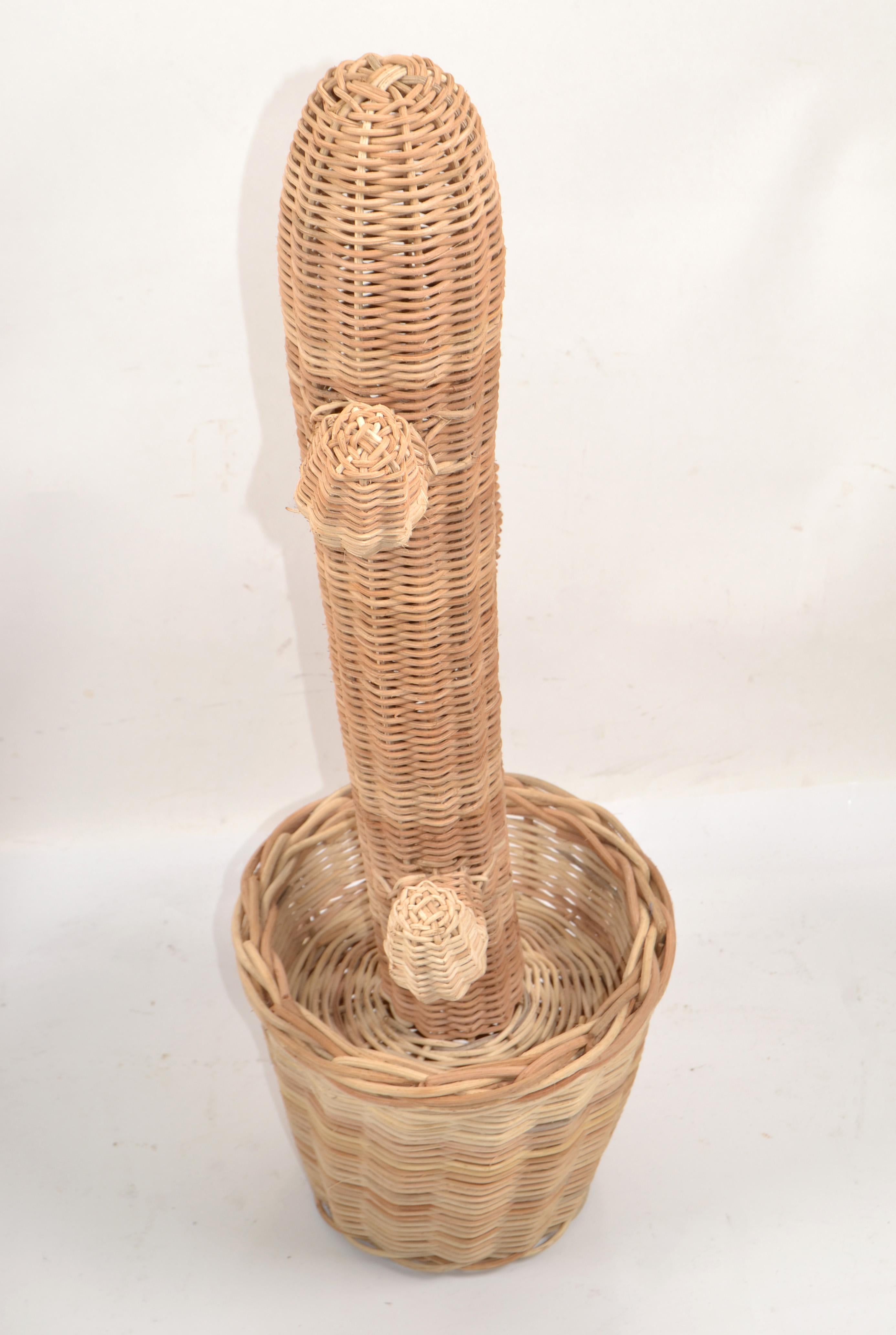Mario Lopez Torres Style Hand-Woven Rattan Cactus Pot Sculpture 1970 Bohemian  In Good Condition For Sale In Miami, FL