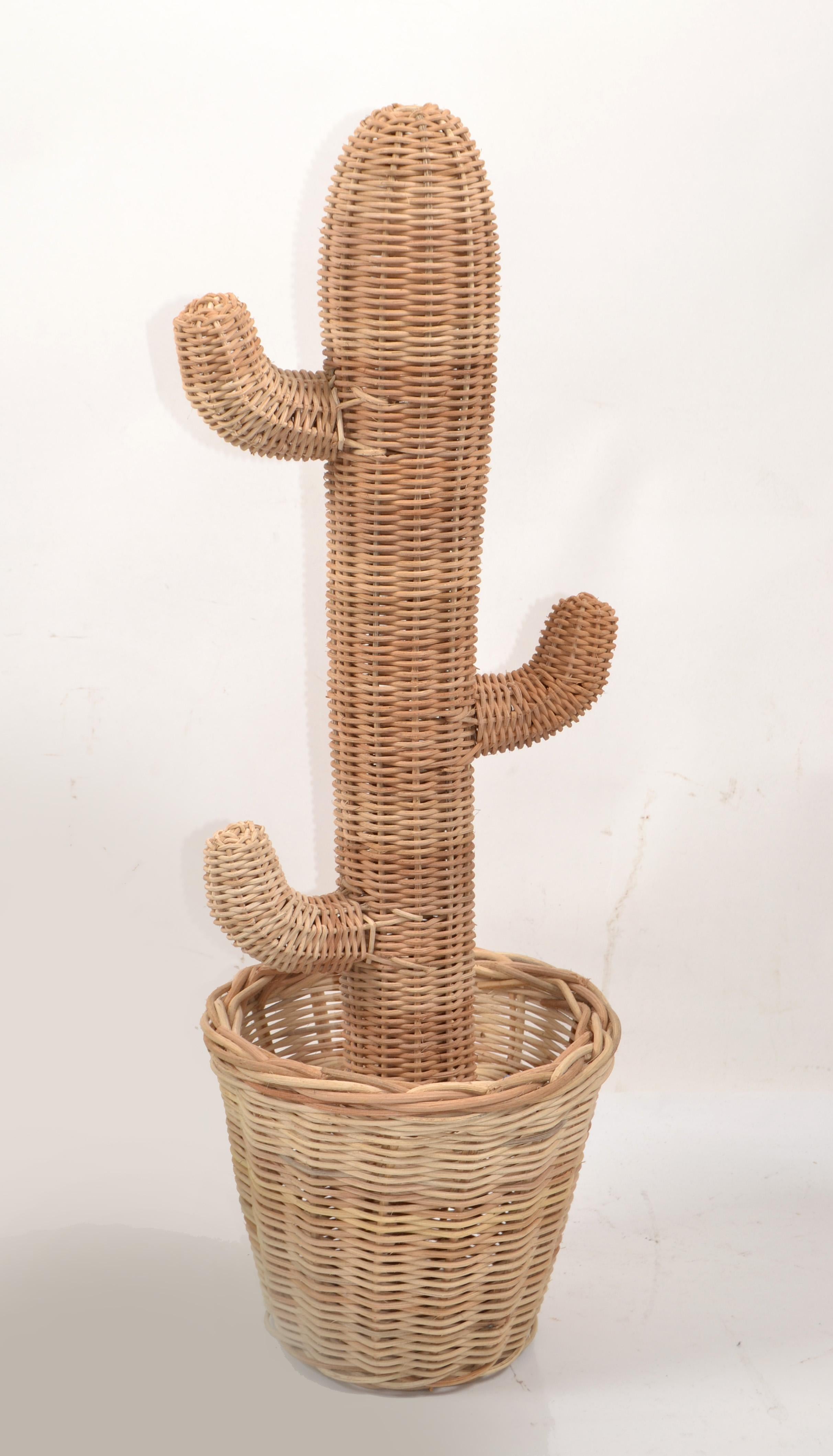 20th Century Mario Lopez Torres Style Hand-Woven Rattan Cactus Pot Sculpture 1970 Bohemian  For Sale