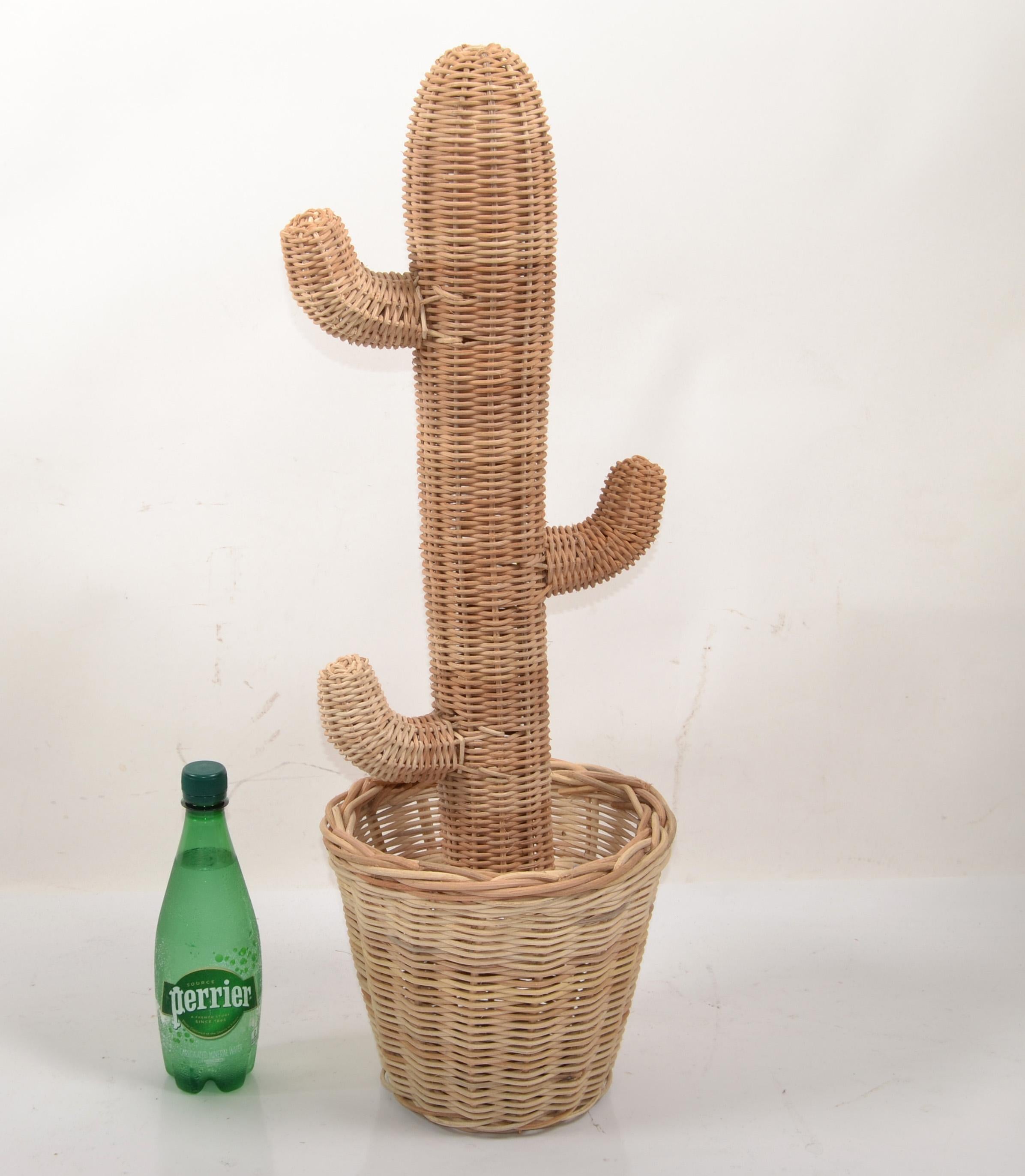 Wicker Mario Lopez Torres Style Hand-Woven Rattan Cactus Pot Sculpture 1970 Bohemian  For Sale