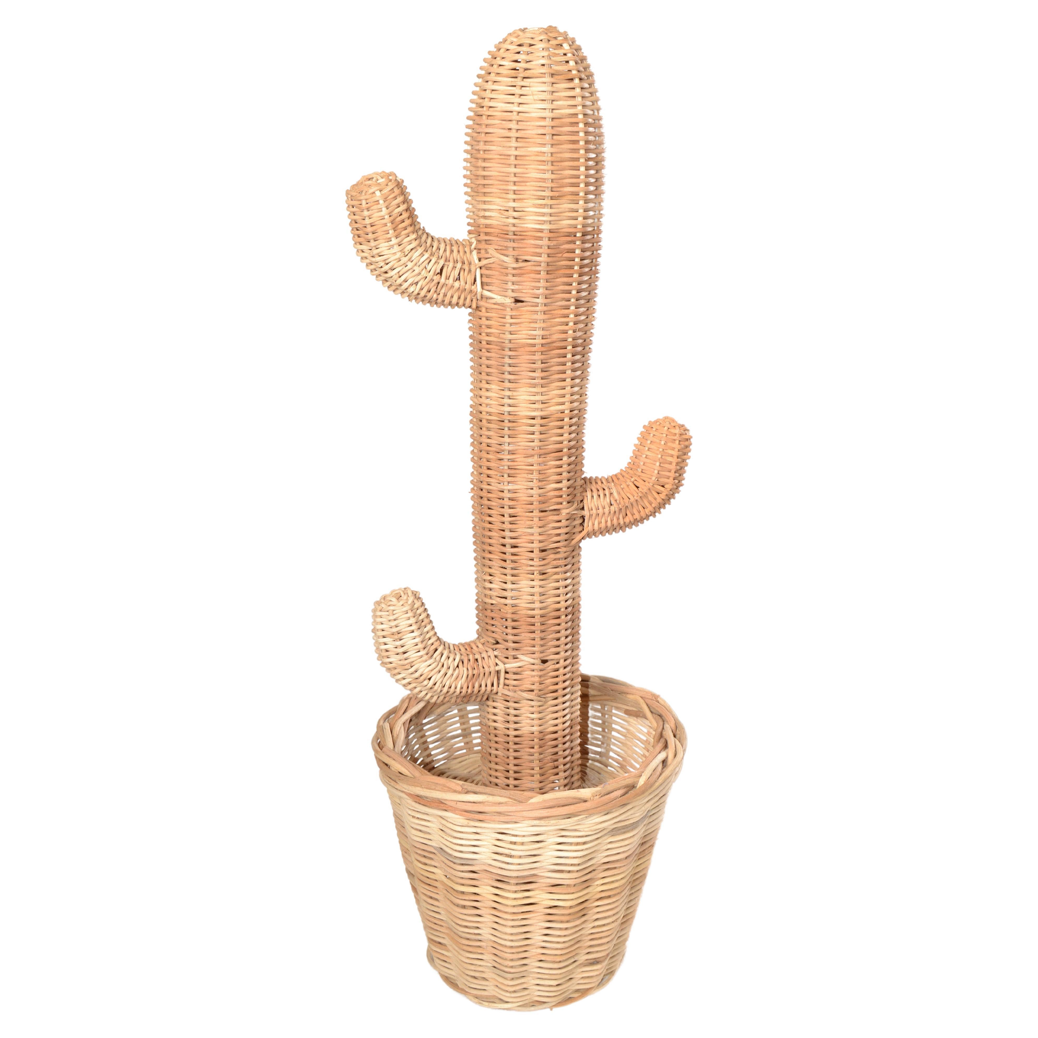 Mario Lopez Torres Style Hand-Woven Rattan Cactus Pot Sculpture 1970 Bohemian  For Sale
