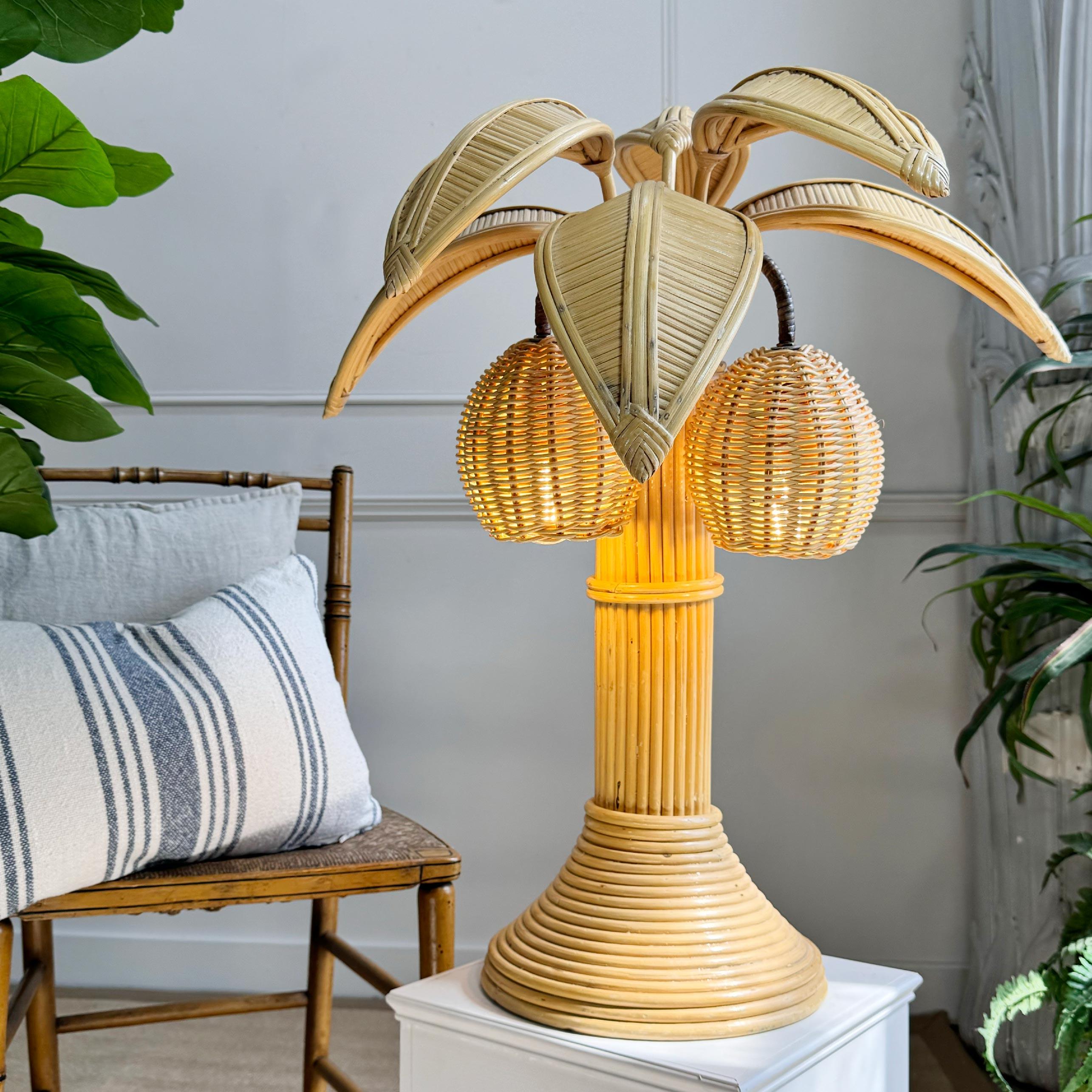 Bohemian Mario Lopez Torres Style Rattan Palm Tree Table Lamp