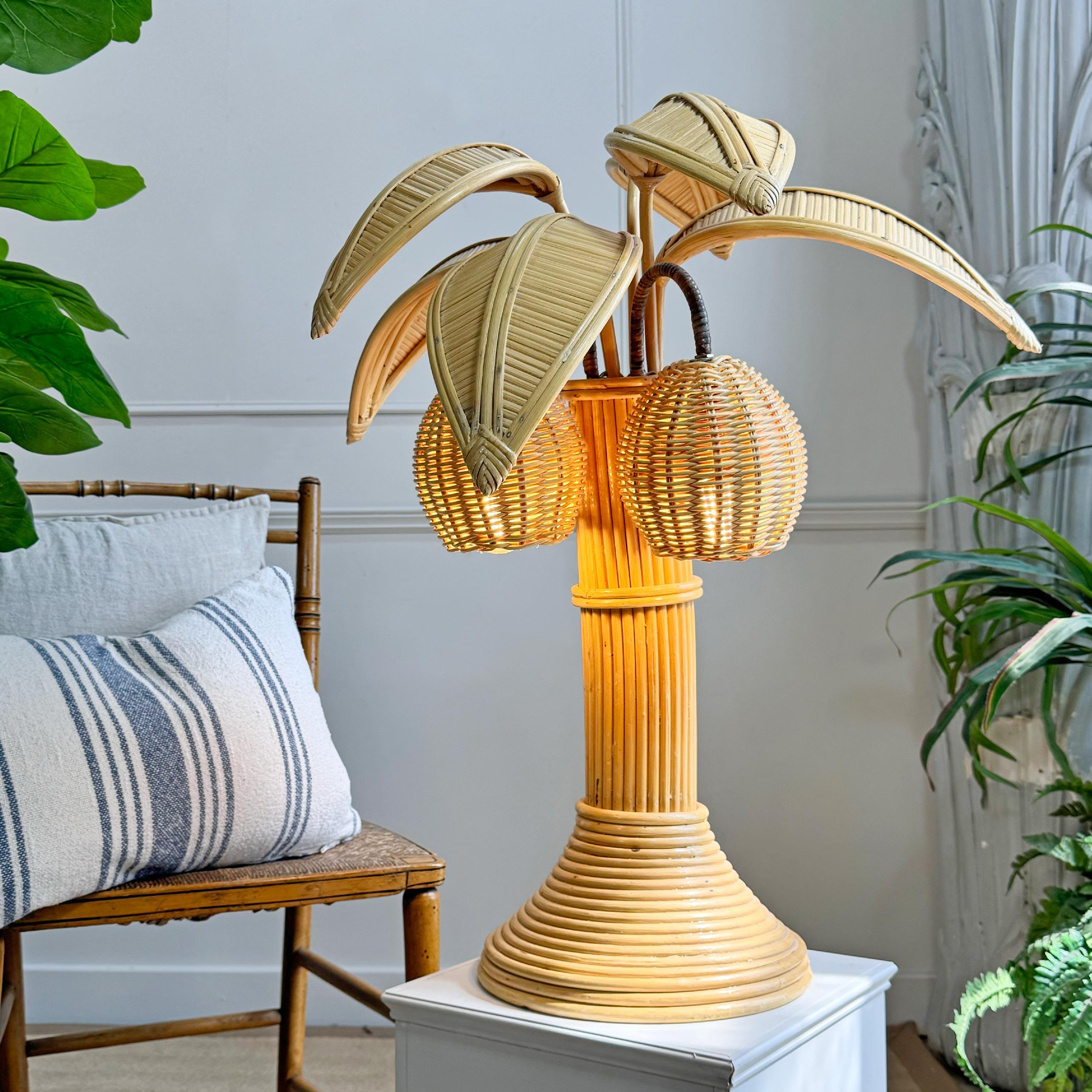 Mario Lopez Torres Style Rattan Palm Tree Table Lamp In Good Condition In Hastings, GB