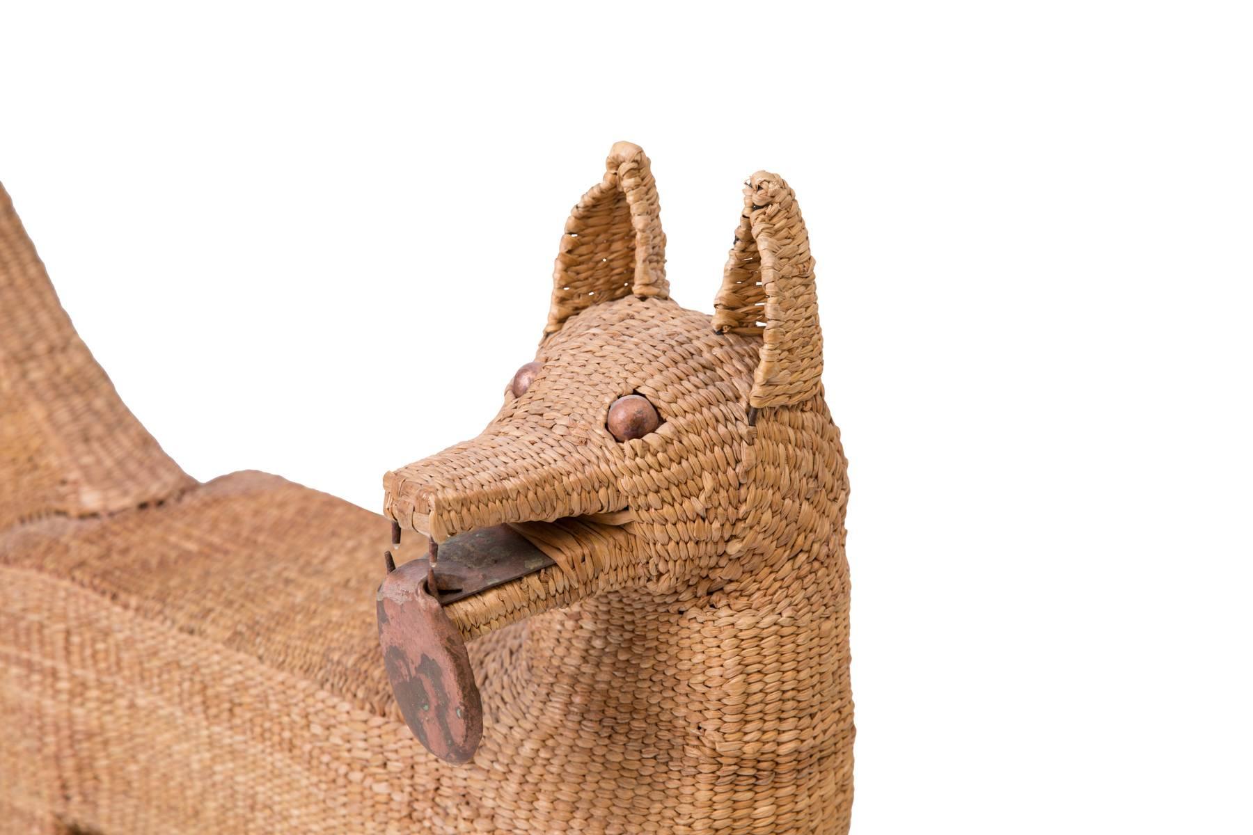 Mid-Century Modern Mario Lopez Torres Dog Sculpture in Woven Reed and Copper
