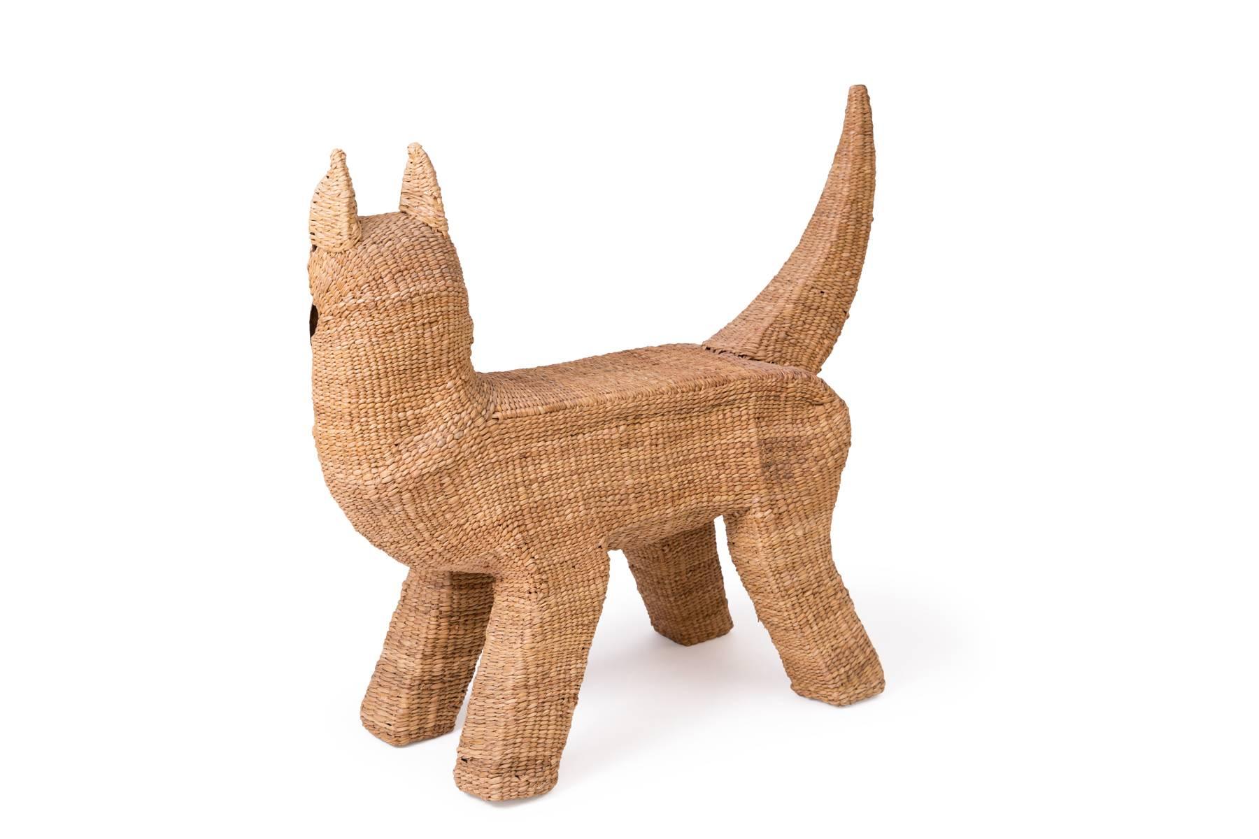 Mexican Mario Lopez Torres Dog Sculpture in Woven Reed and Copper
