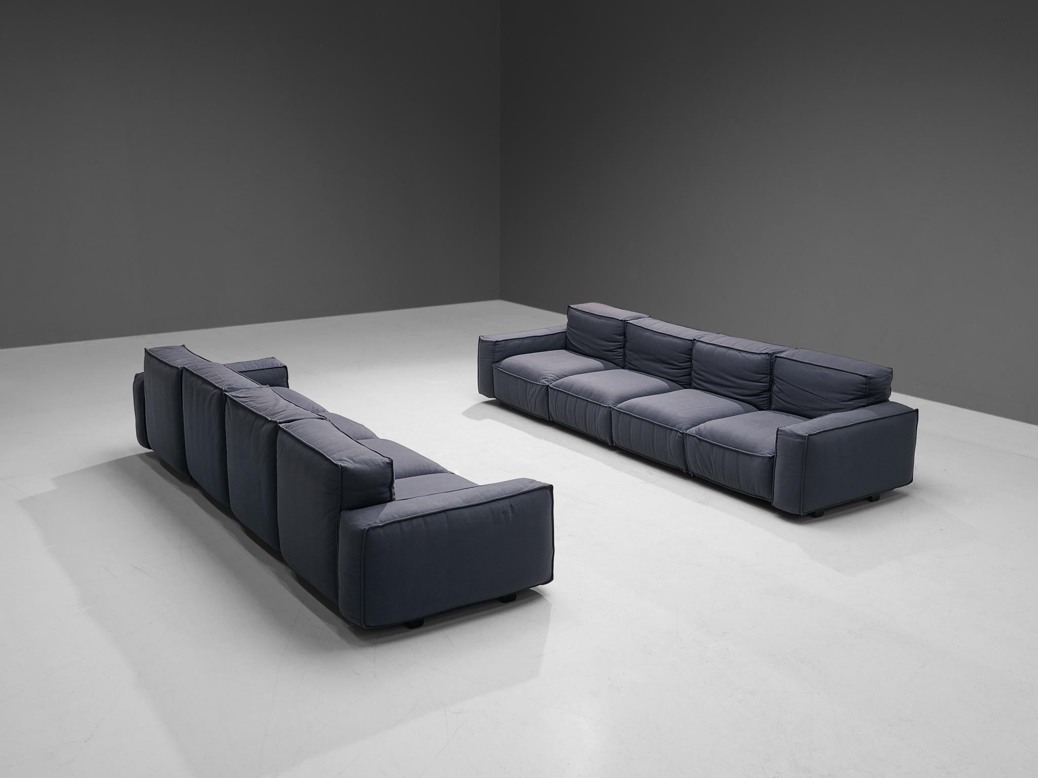 Mario Marenco for Arflex, modular four-seater sofa's, model 'Marechiaro', wool, plastic, metal, Italy, circa 1976. 

These well-designed sofa's by Mario Marenco for Arflex are fully executed in deep blue wool upholstery that contributes to the whole