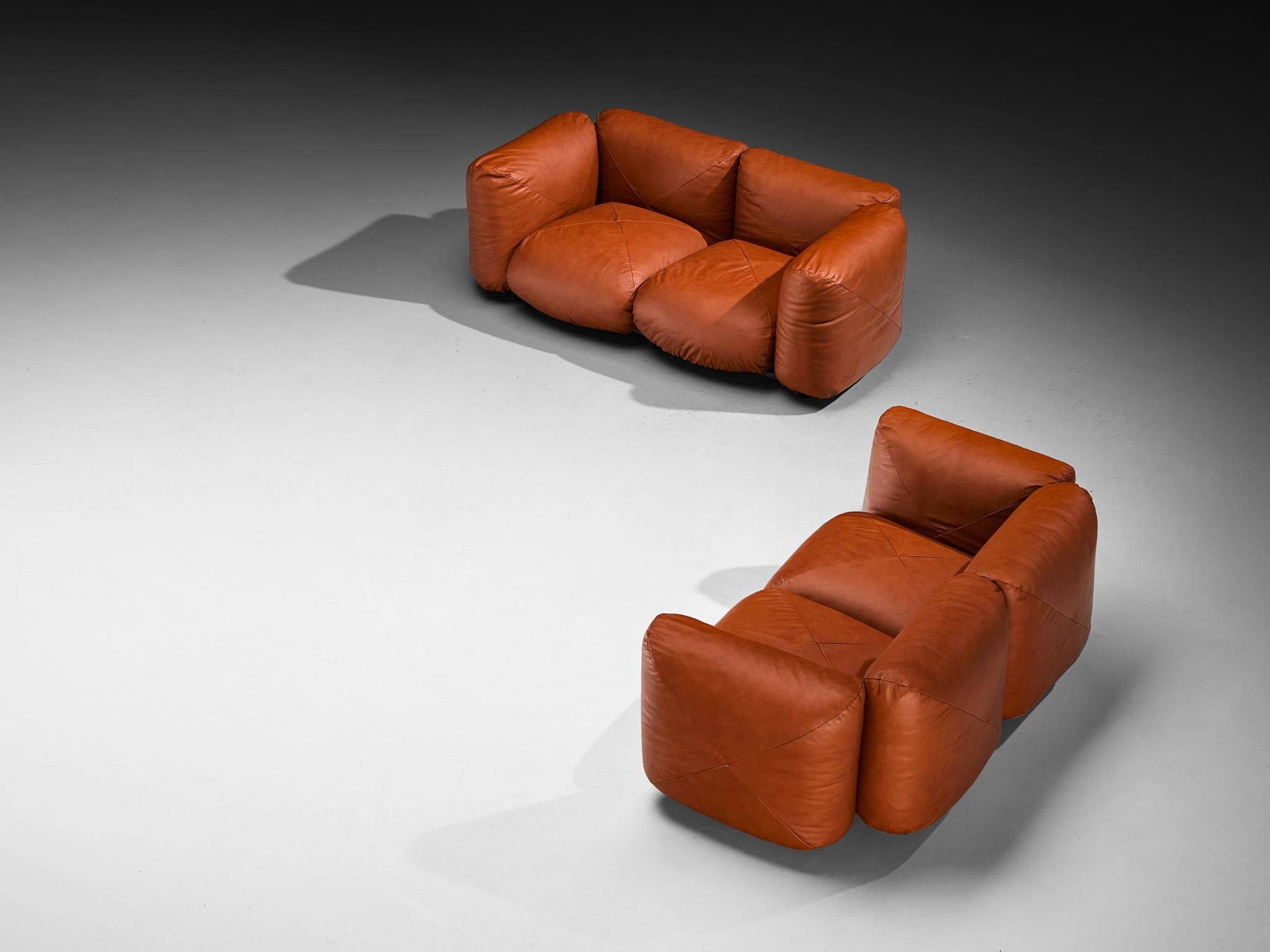 Mario Marenco for Arflex, 'Marius&Marius' sofas, leather, plastic, lacquered wood, Italy, 1970s

The Marius&Marius sofa, designed by Mario Marenco for Arflex in the 1970s, is an object that confidently rejects sharpness. Every element of its form is