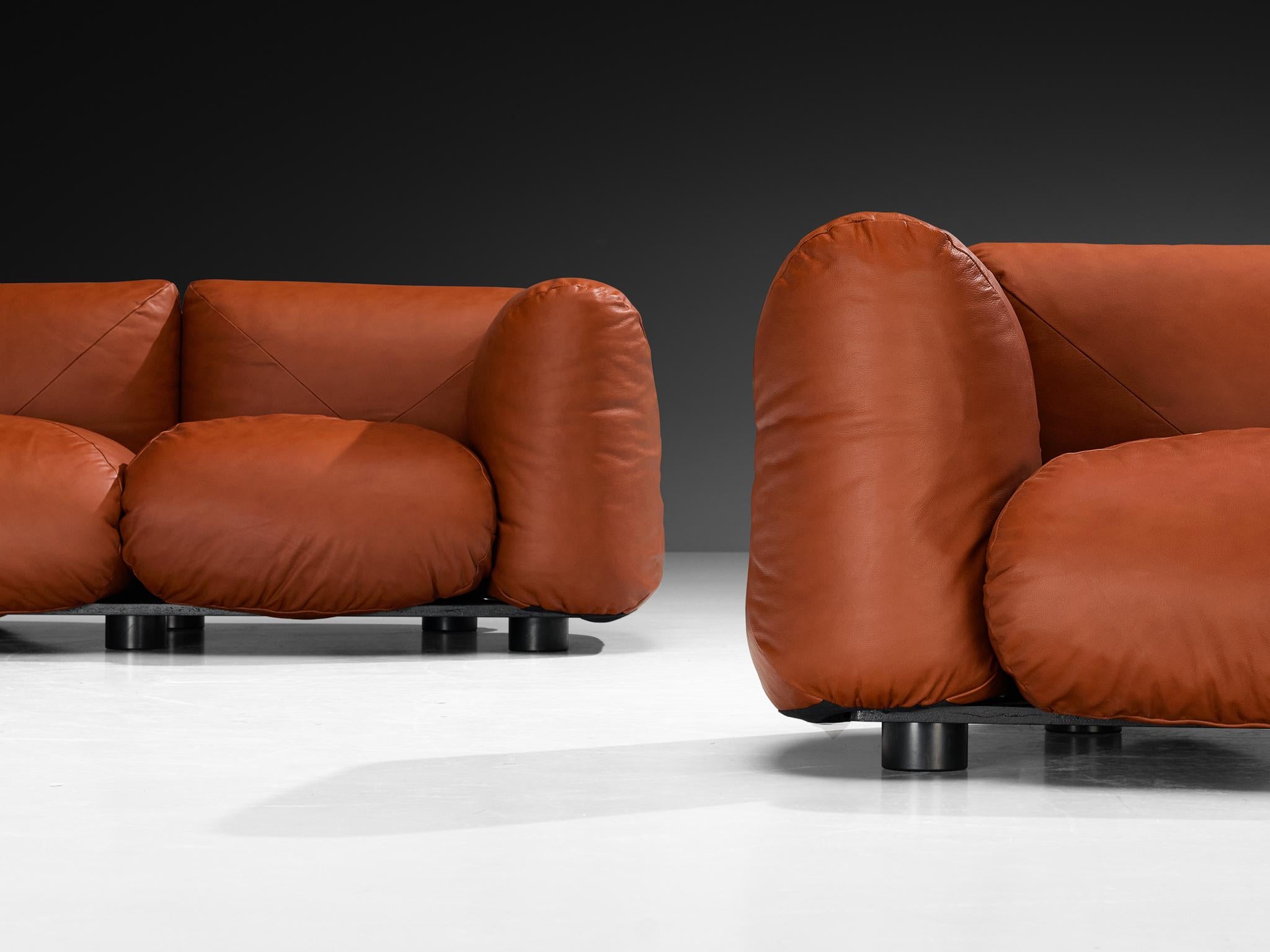Post-Modern Mario Marenco for Arflex Marius&Marius Sofas in Brownish Red Leather For Sale