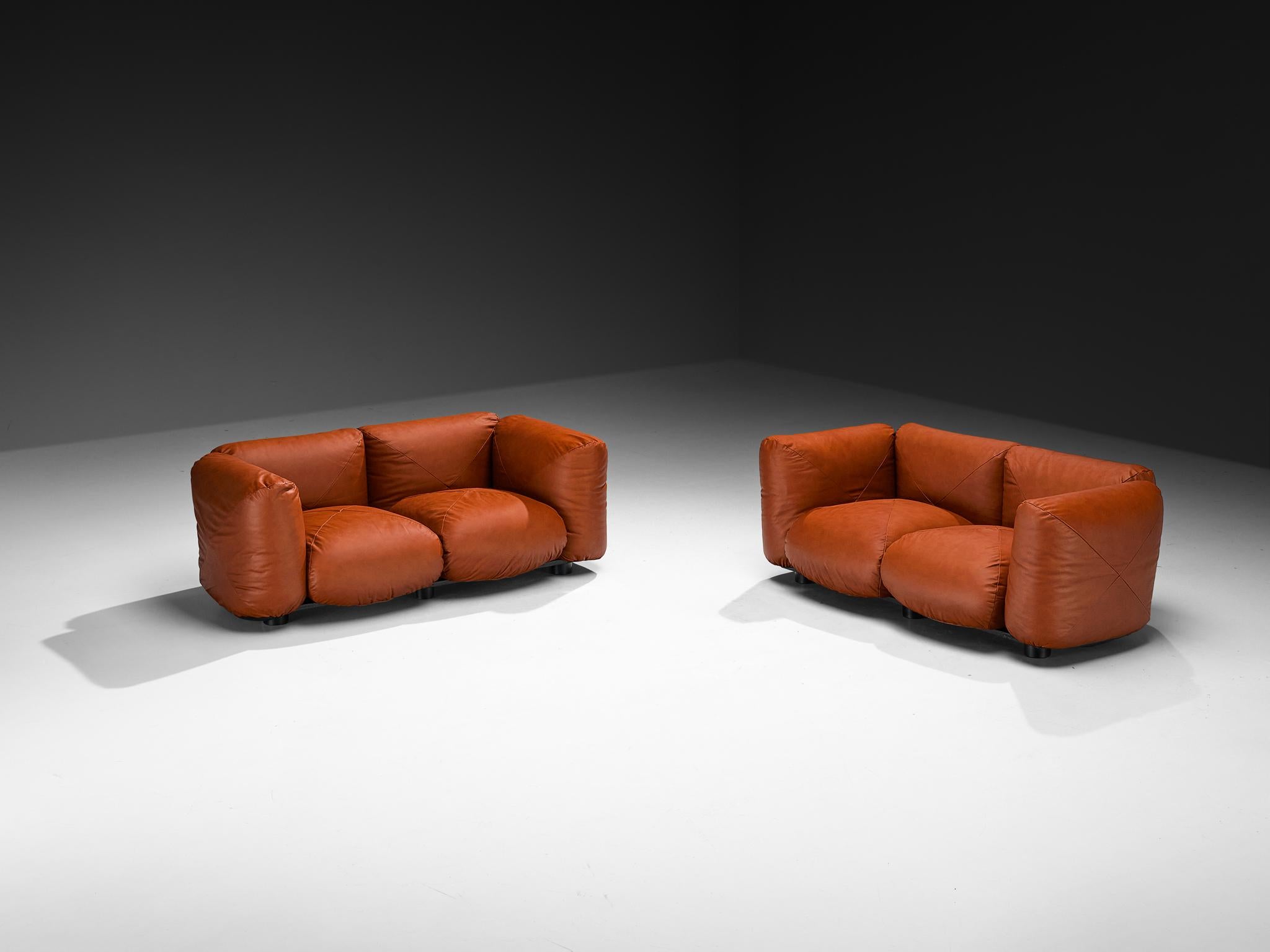 Italian Mario Marenco for Arflex Marius&Marius Sofas in Brownish Red Leather For Sale