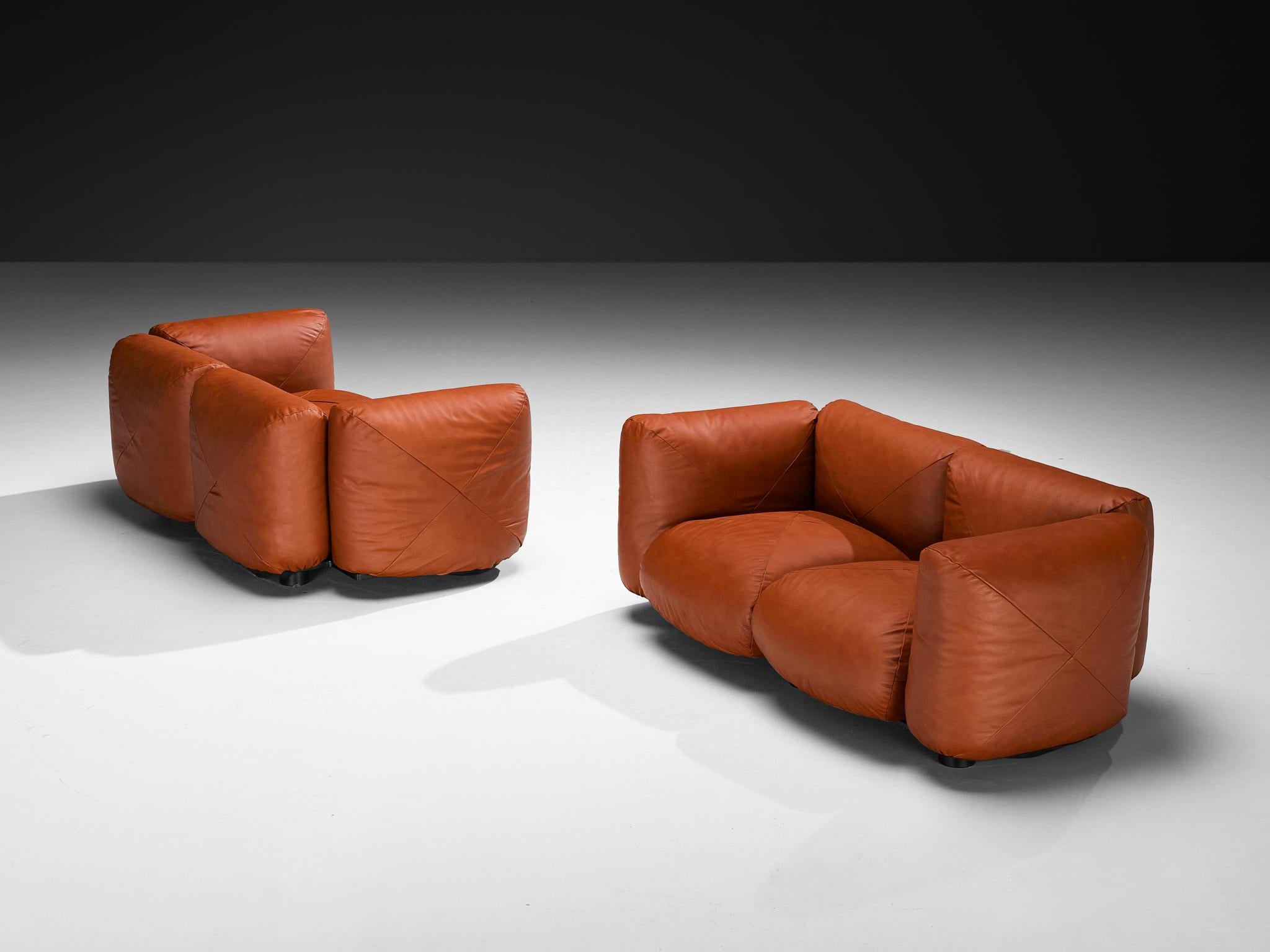 Late 20th Century Mario Marenco for Arflex Marius&Marius Sofas in Brownish Red Leather For Sale