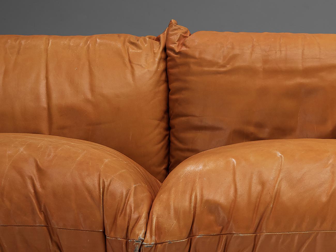 Mid-Century Modern Mario Marenco for Arflex Pair of Sectional Two Seat Sofas in Cognac Leather