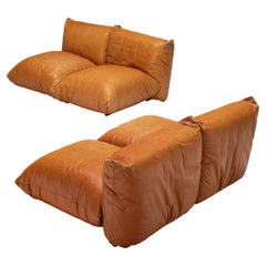 Mario Marenco for Arflex Pair of Sectional Two Seat Sofas in Cognac Leather