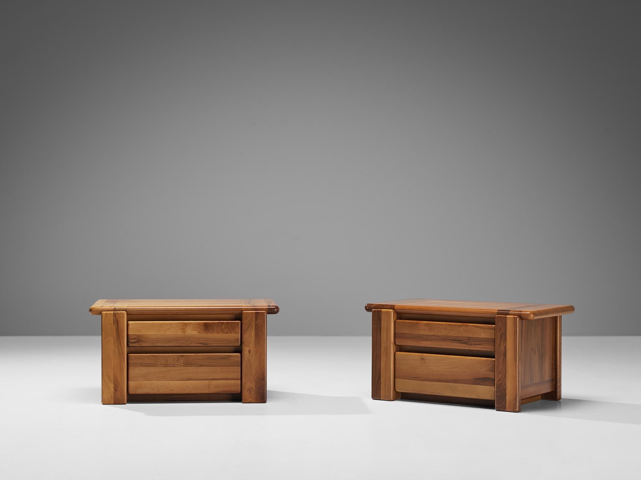 Mario Marenco for Mobil Girgi, pair of bedside tables, walnut, Italy, 1970s 

An exceptional pair of nightstands by the Italian designer, architect, and actor Mario Marenco (1933-2019), featuring a high-level of craftsmanship in woodwork. The whole