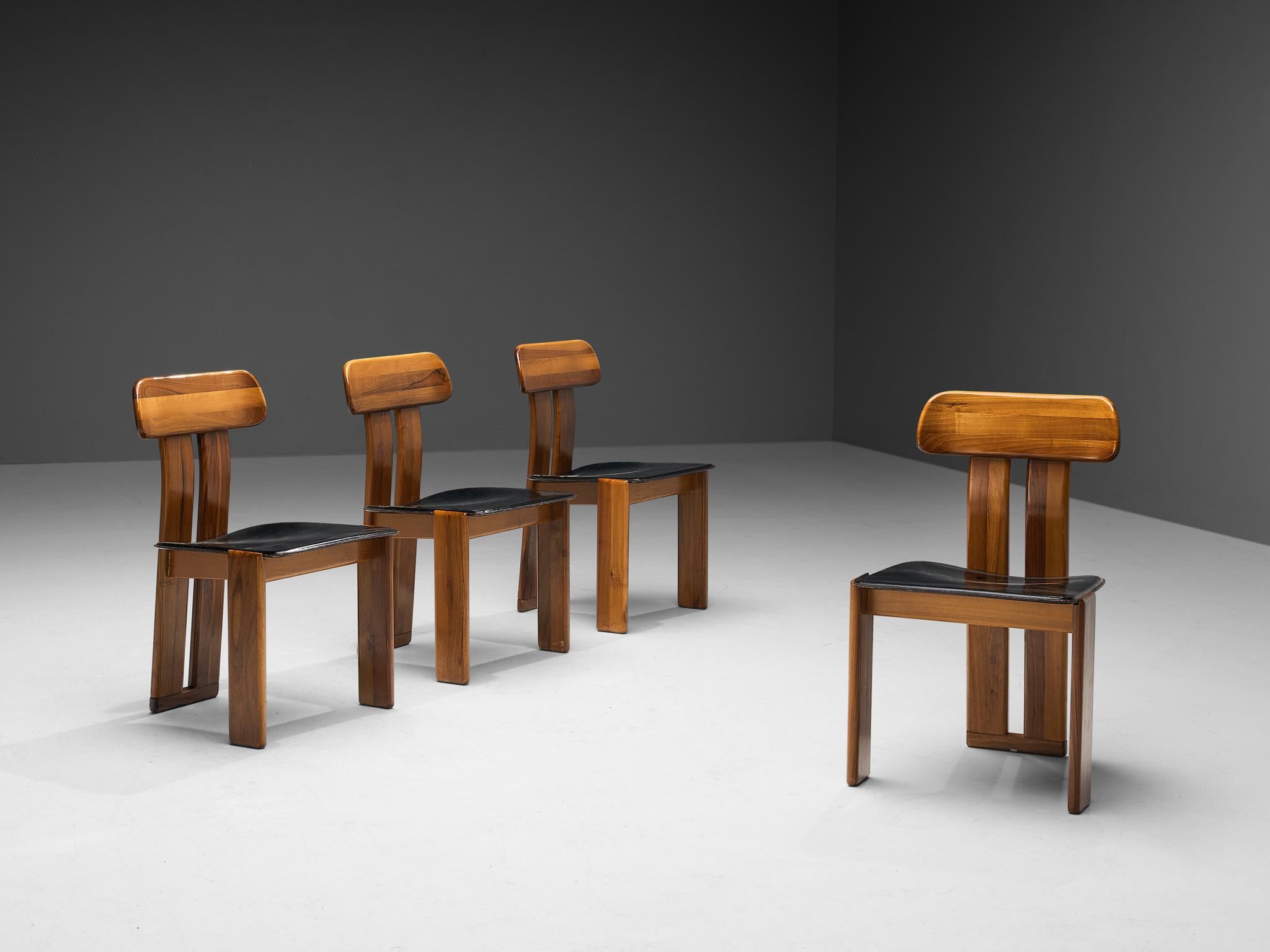 Italian Mario Marenco for Mobil Girgi Set of Four Dining Chairs in Walnut and Leather