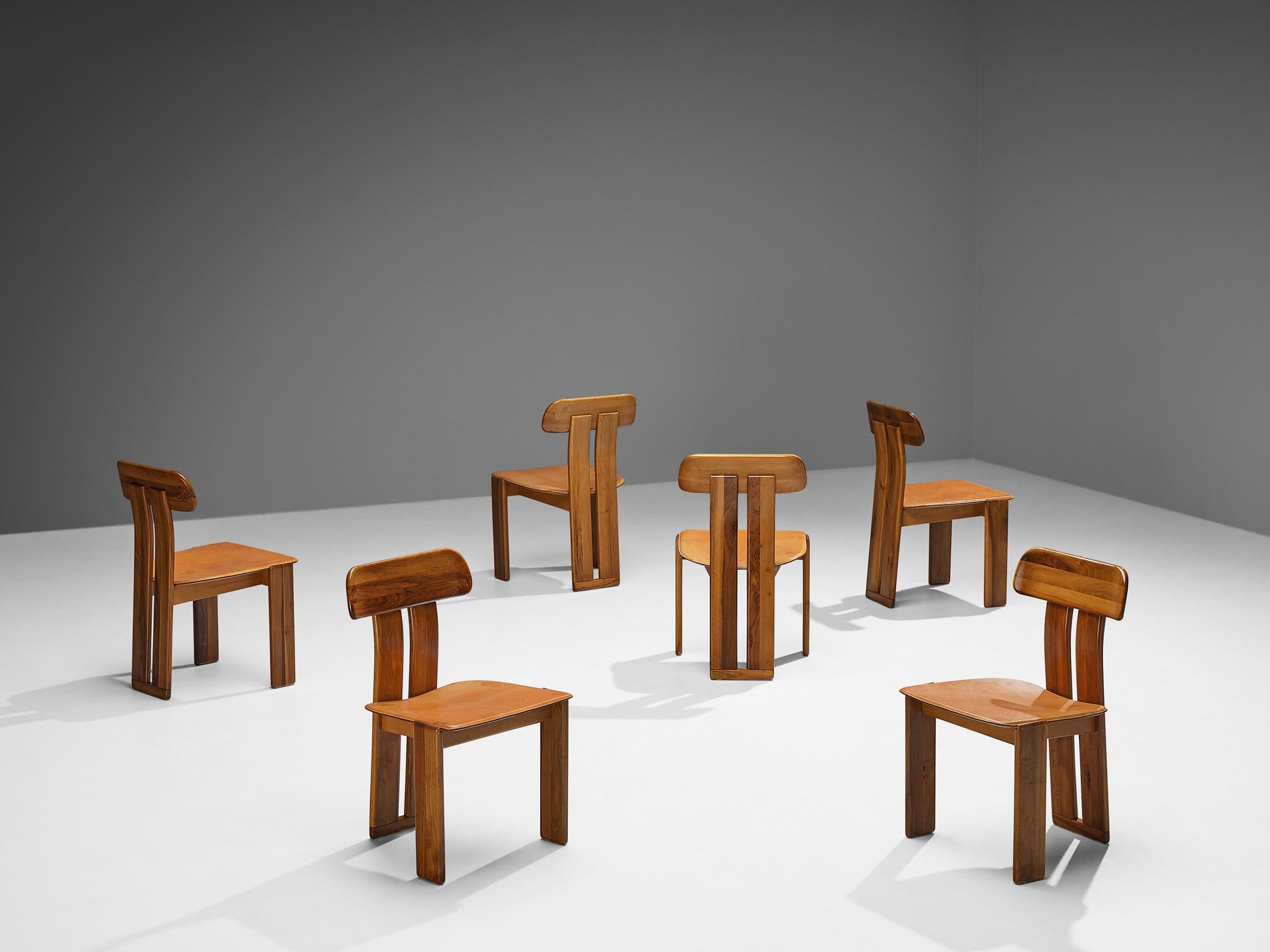 Mid-Century Modern Mario Marenco for Mobil Girgi Set of Six Dining Chairs in Walnut and Leather