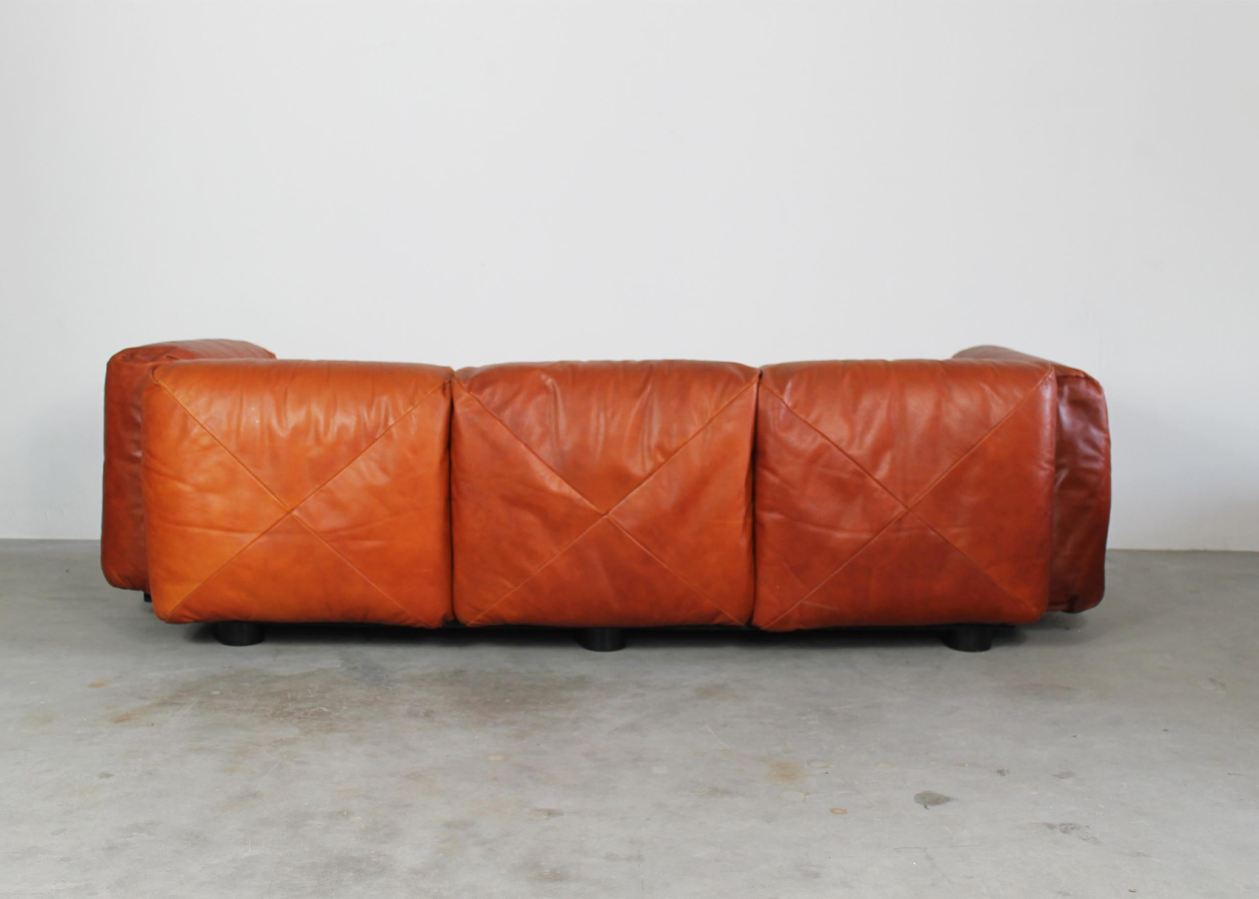 Mid-Century Modern Mario Marenco Marius&Marius Three Seater Sofa in Cognac Leather by Arflex 1970s 