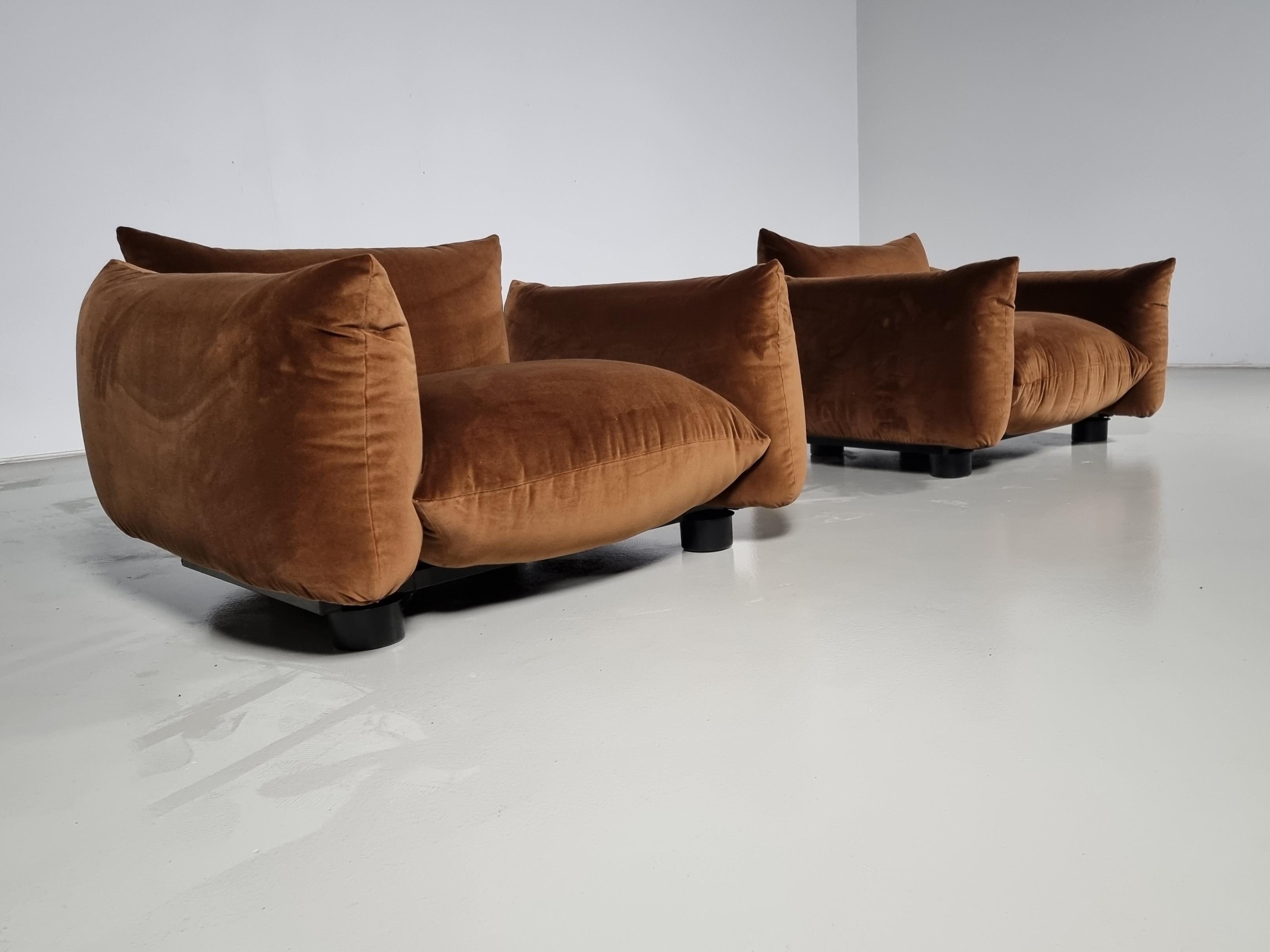 Mid-Century Modern Mario Marenco Set of 2 Lounge Chairs in Brown Velvet for Arflex, 1970s