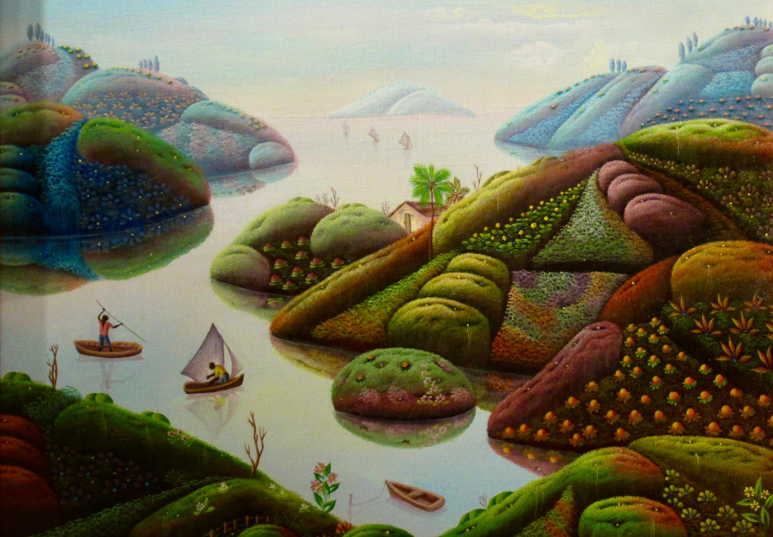 Paisaje con barcos - Landscape Painting Negro de Mario Montilus