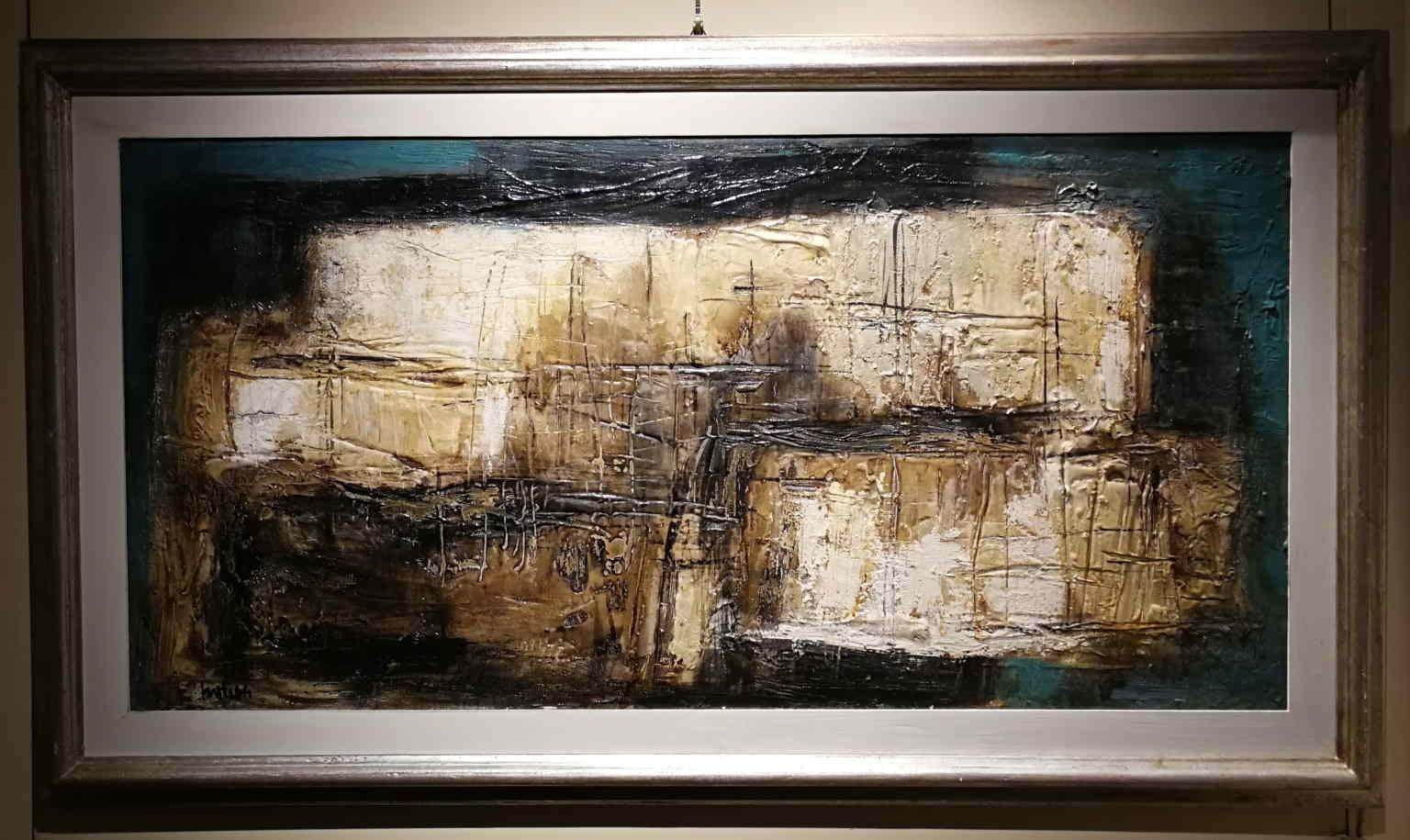 The painting is signed, titled and dated on the back of the canvas: M. Nuti "MARE SILENZIOSO" 1964. 
It's also signed and dated on the front, at the bottom left: Nuti 64

Mario Nuti is a florentine artist that, starting from Neocubism, became one of