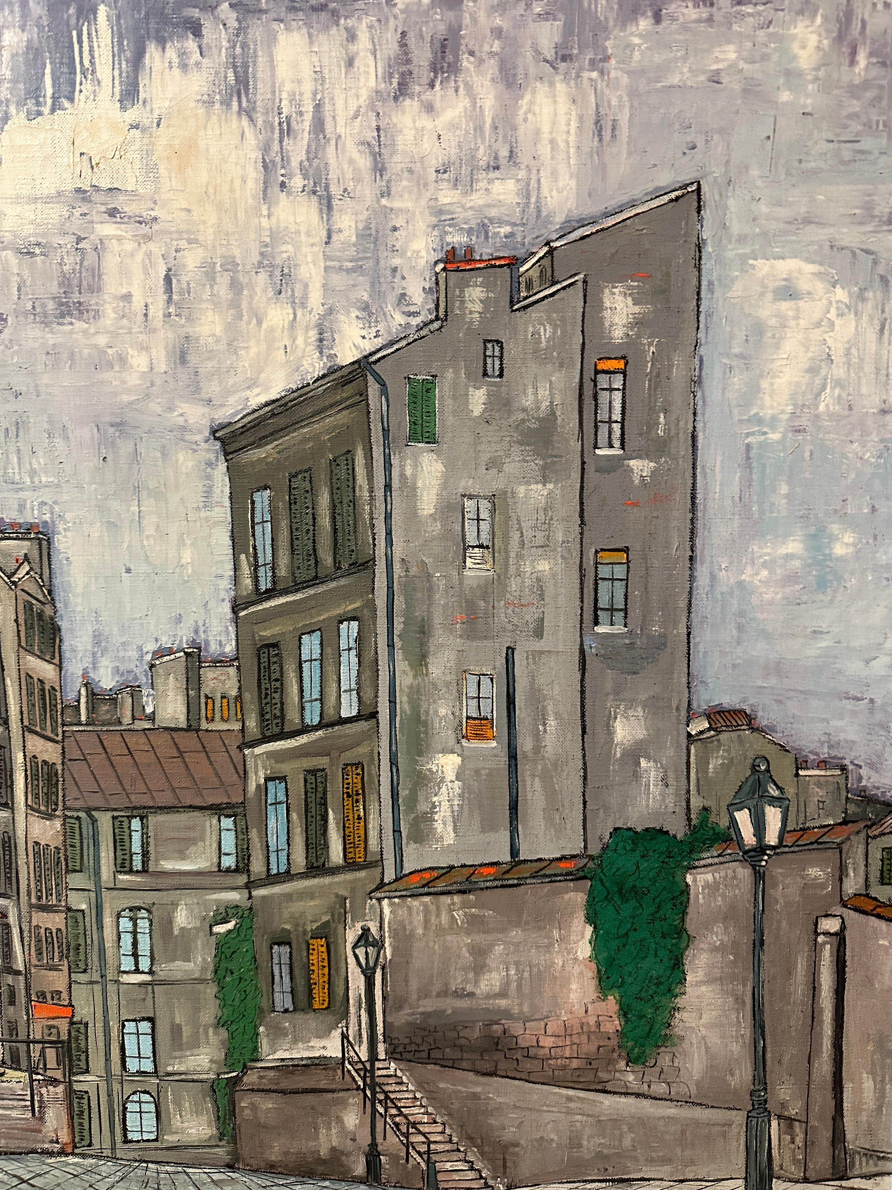 In this modern acrylic depiction of Montmartre, signed and dated (1969) by Mario Padova, we are invited to traverse the timeless streets of this iconic Parisian enclave, away from the crowds. The artist chose to illustrate an empty Montmartre,