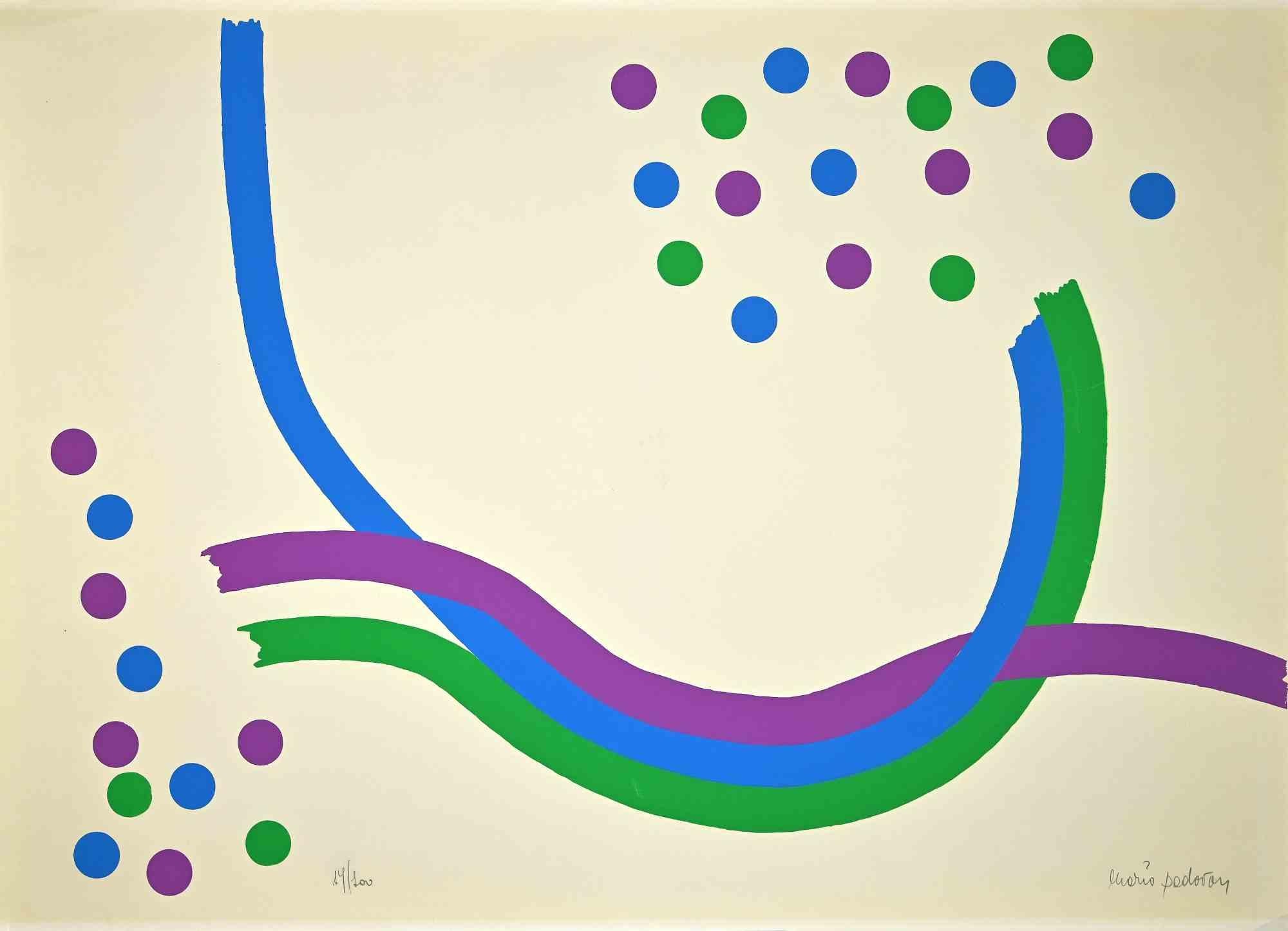 Abstract Composition is a beautiful colored screen print realized by Mario Padovan.

Hand-signed in pencil on the lower right. Numbered on the lower left, the edition of 14/100. With the label of "La nuova fglio- Pollenza- XVI- Festival dei due