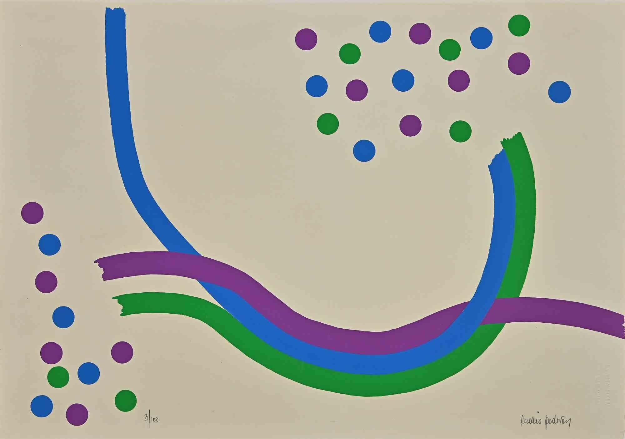 Abstract Composition With Three Lines is a beautiful colored screen print on gray metallic paper realized by  Mario Padovan in 1971.

Hand-signed in pencil on the lower right. Numbered in pencil on the lower left. Edition of 3/100.

Good conditions,