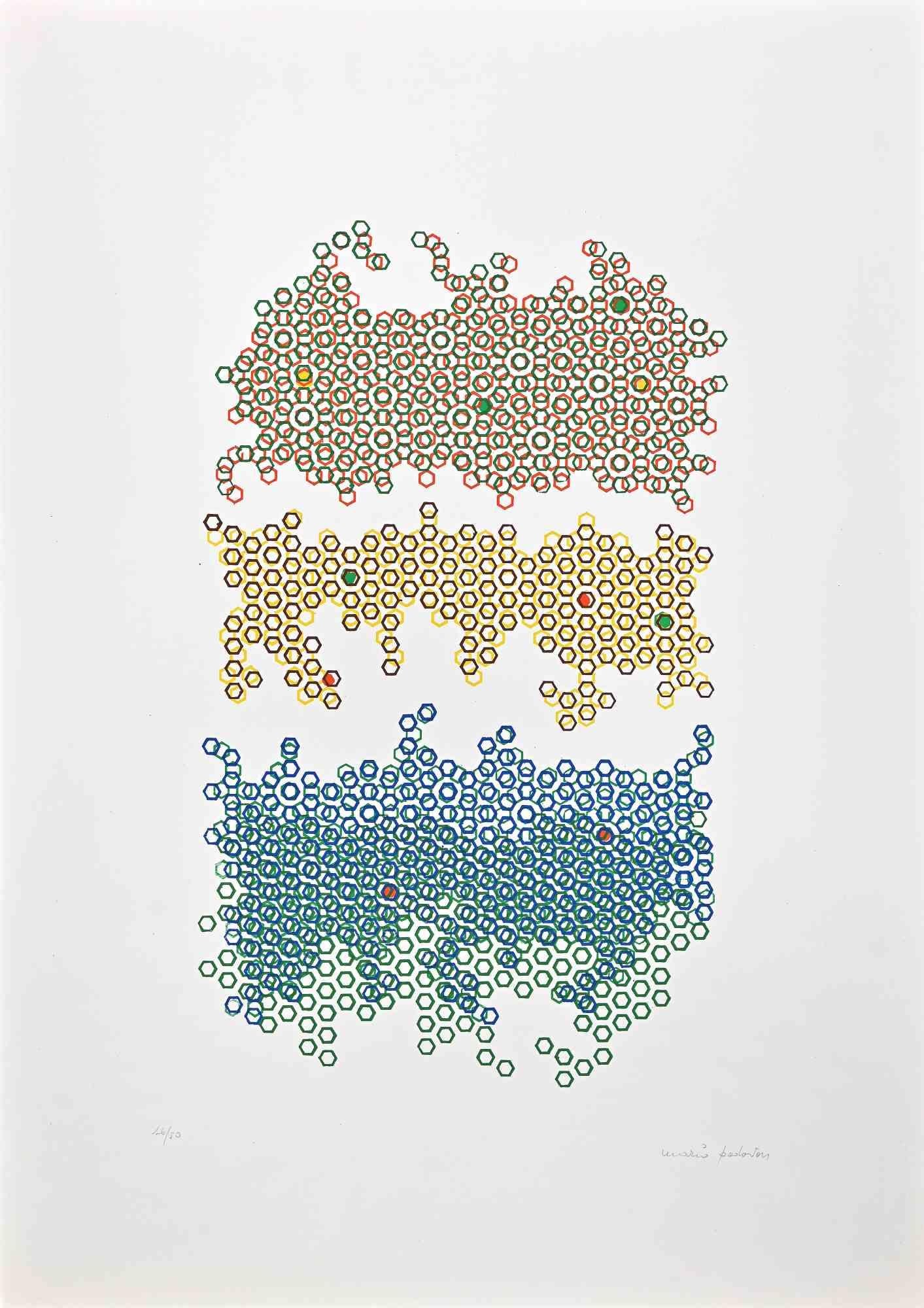 Terra emersa  è una litografia colorata realizzata da Mario Padovan negli anni Settanta.

Firmato a mano a matita in basso a destra. Numerato a matita in basso a sinistra. Edizione di 16/50.

Buone condizioni, ad eccezione di alcune pieghe sui
