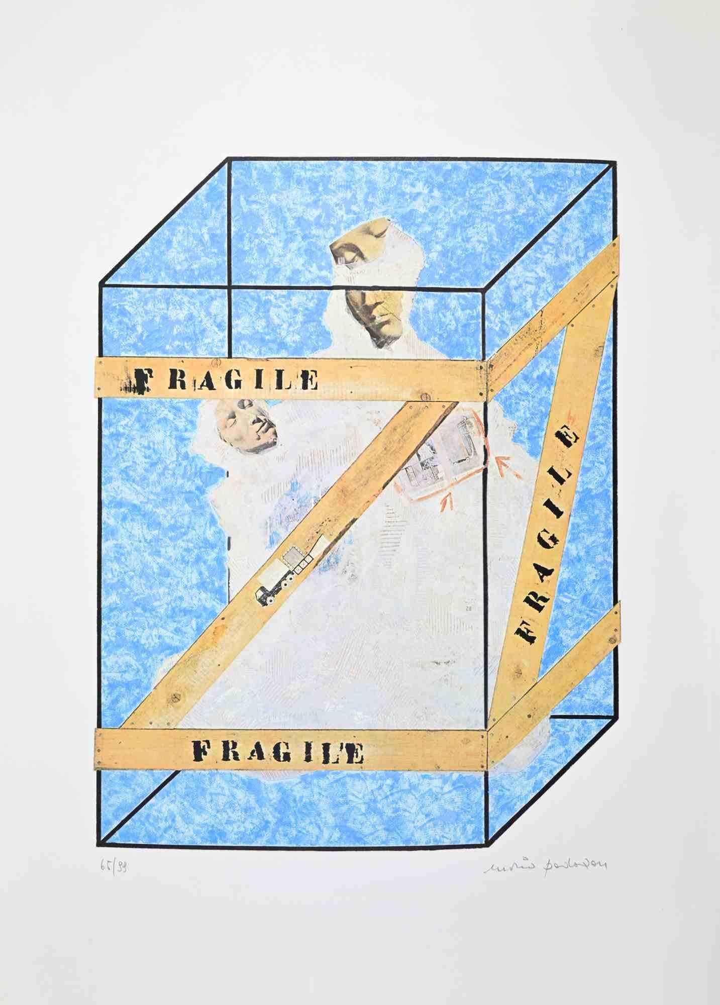Fragile  is a colored screen print realized by Mario Padovan in the 1990s .

Lithograph on paper.

Hand-signed and numbered in pencil on the lower right.

Edition of 99.

Excellent conditions.

This artwork represents a typical composition inspired
