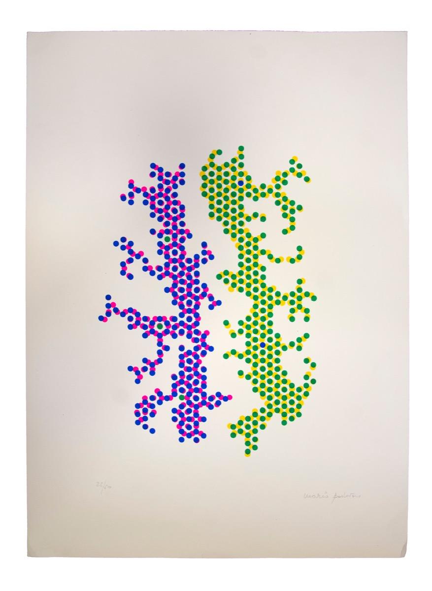 Precious Reflections is a beautiful colored screen print realized by Mario Padovan in the 1970s.

Hand-signed in pencil on the lower right. Numbered in pencil on the lower left. Edition of 50.

Good conditions, except for some tears along the