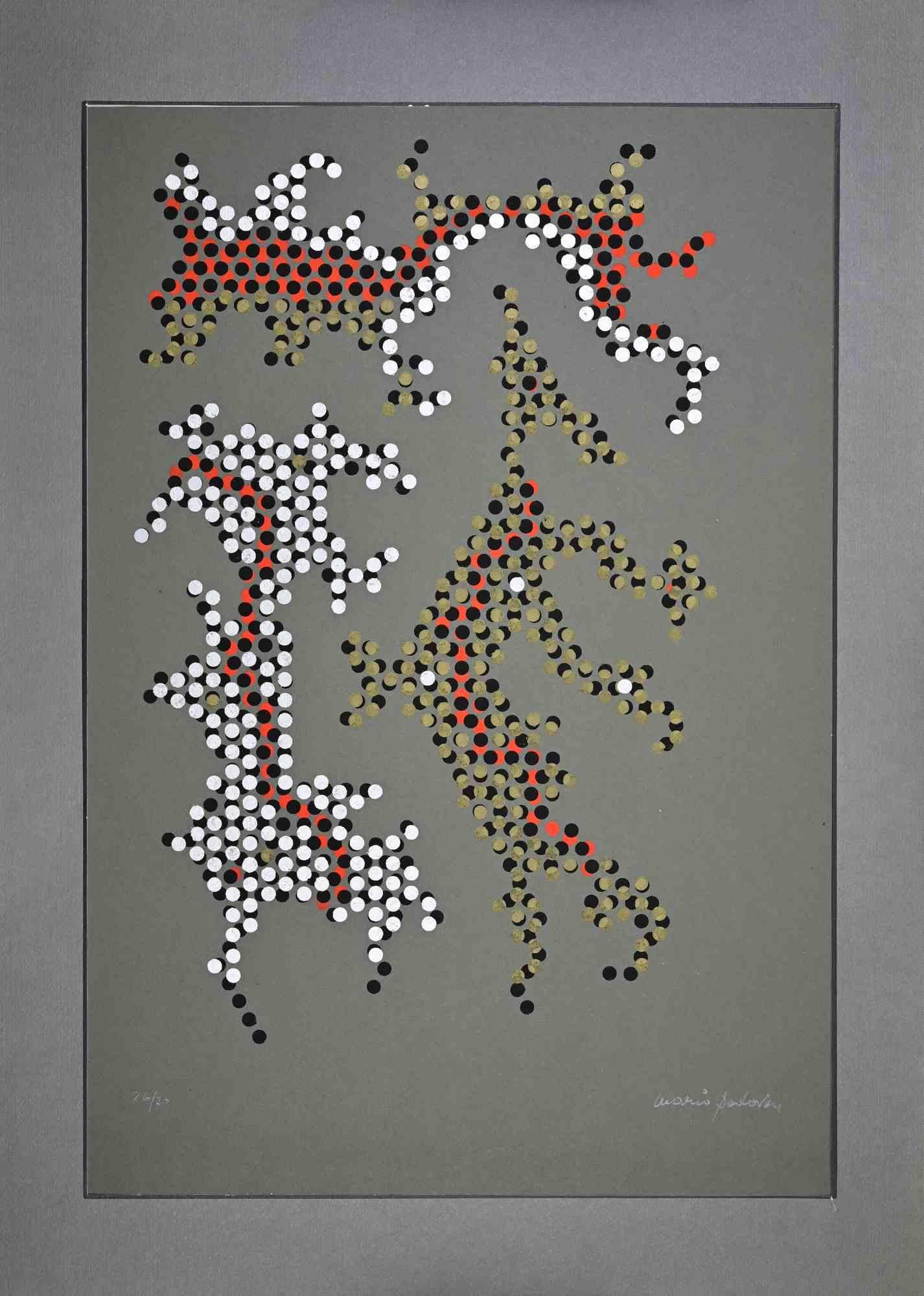 Farbiger Siebdruck auf Papier.

Unten rechts mit Bleistift handsigniert. Links unten mit Bleistift nummeriert. Auflage: 50 Stück.

Gepasspart, in gutem Zustand, abgesehen von einigen Rissen am Rand.

Das Kunstwerk ist Teil des Op-Art-Portfolios des