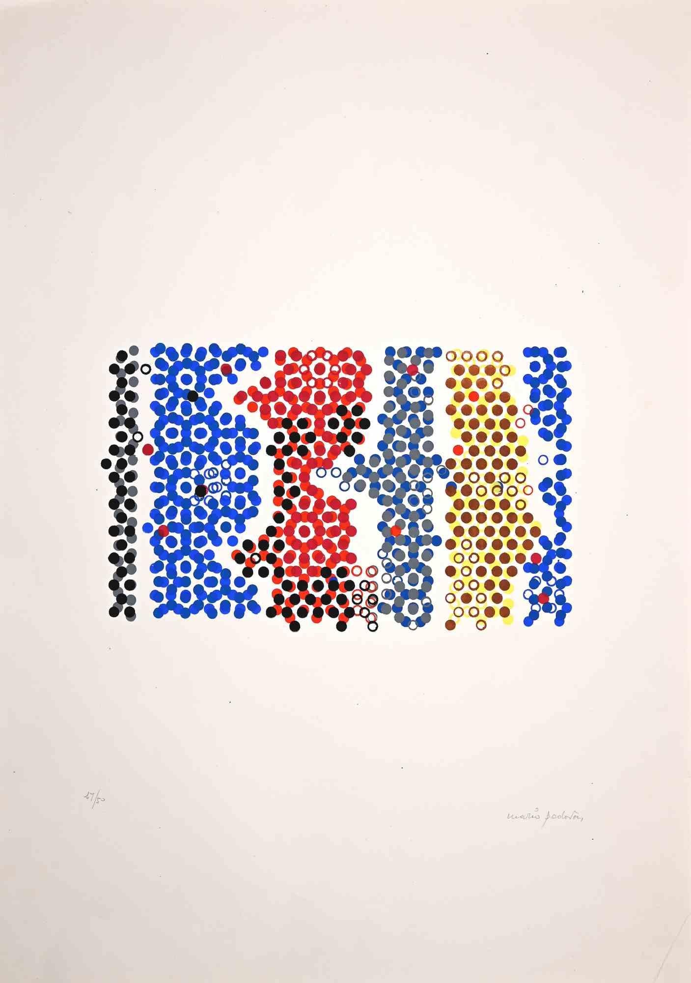 Gewundene Geometrien  ist eine farbige Original-Lithographie von Mario Padovan aus den 1970er Jahren.

Handsigniert mit Bleistift unten rechts. Links unten mit Bleistift nummeriert. Ausgabe 12/50.

Guter Zustand, abgesehen von kleinen Falten an den